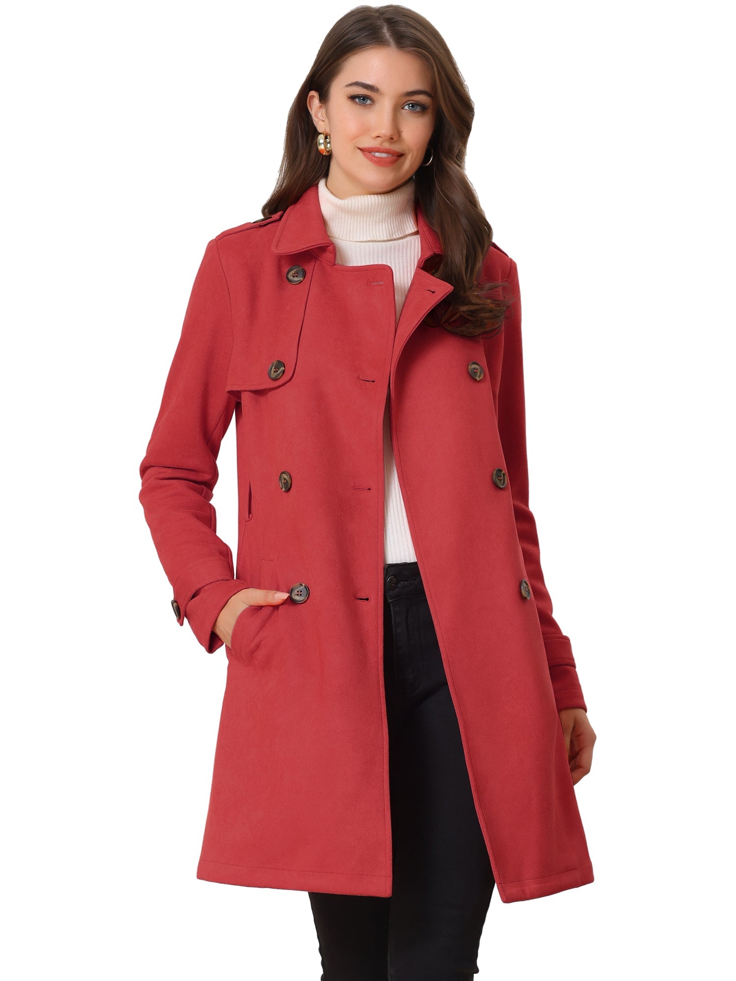 Notched Lapel Double Breasted Faux Suede Trench Coat Jacket with Belt