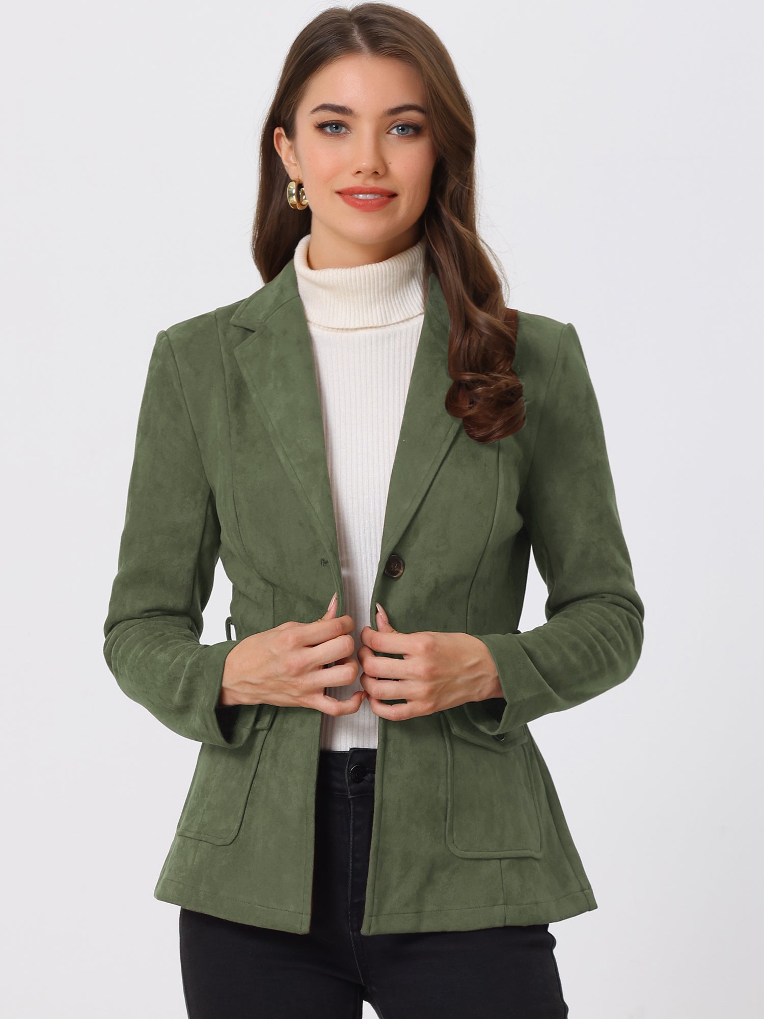 Faux Suede Blazer Belted Lapel Outwear Single Breasted Work Jacket