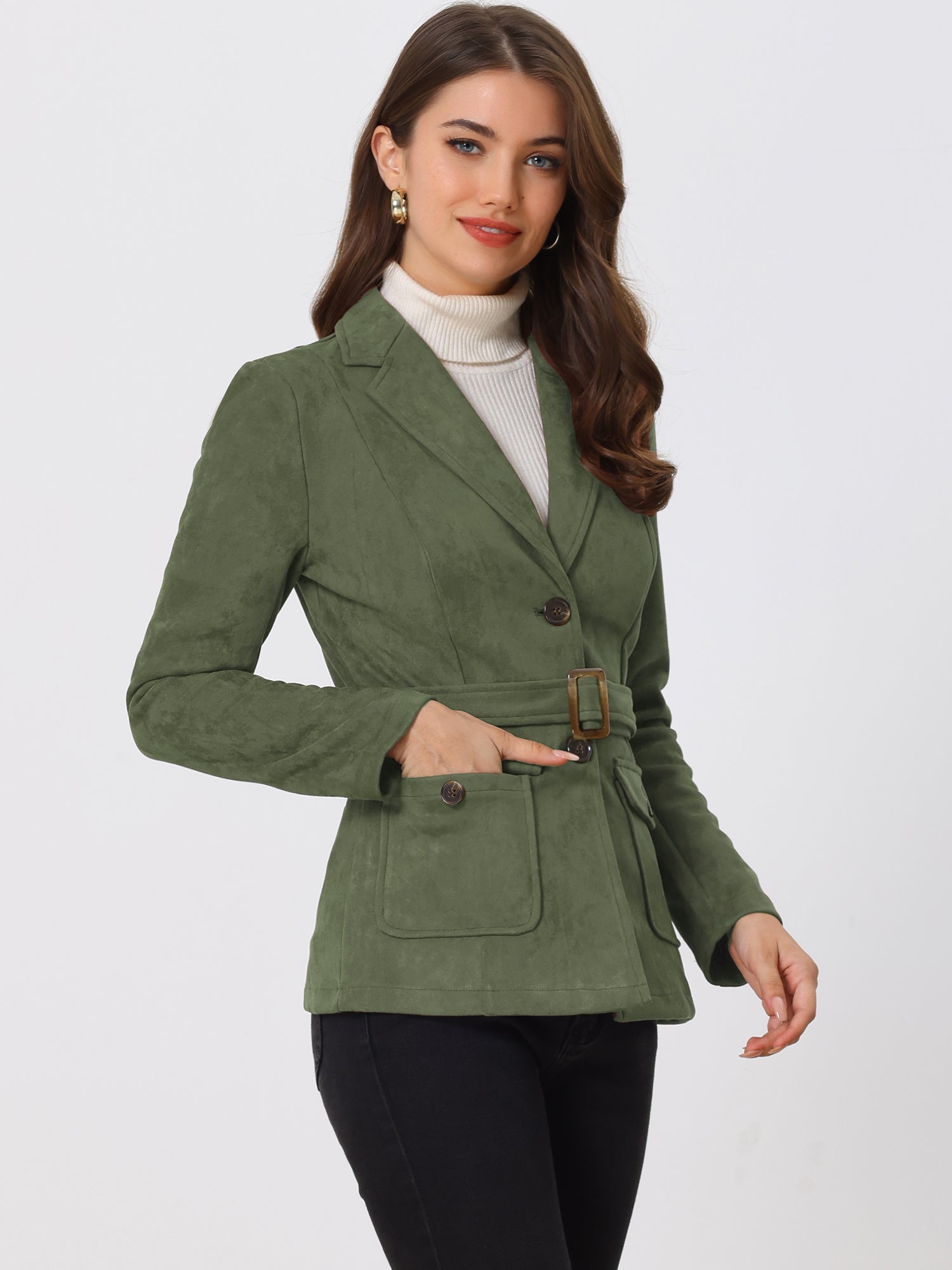 Faux Suede Blazer Belted Lapel Outwear Single Breasted Work Jacket