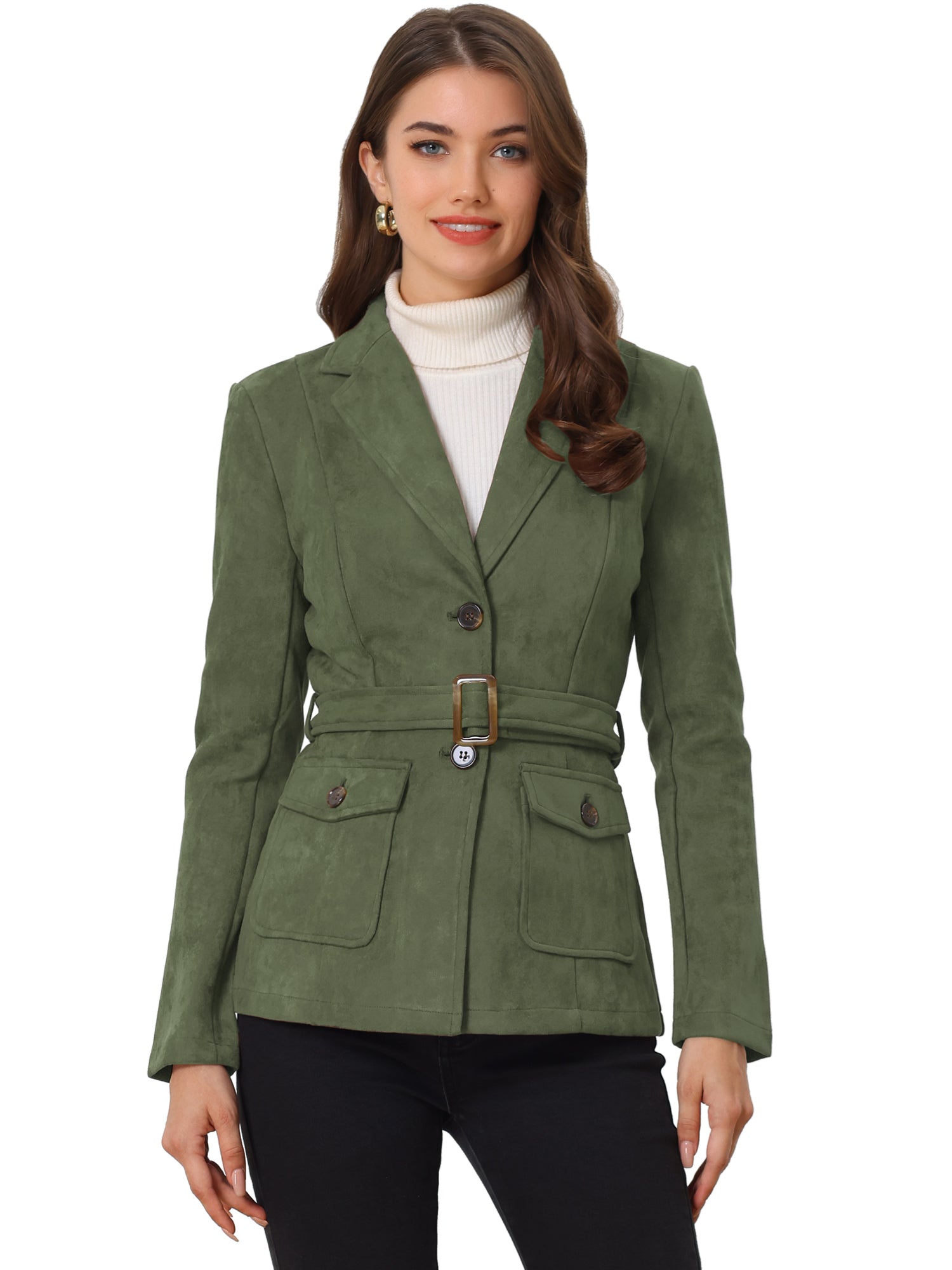 Faux Suede Blazer Belted Lapel Outwear Single Breasted Work Jacket