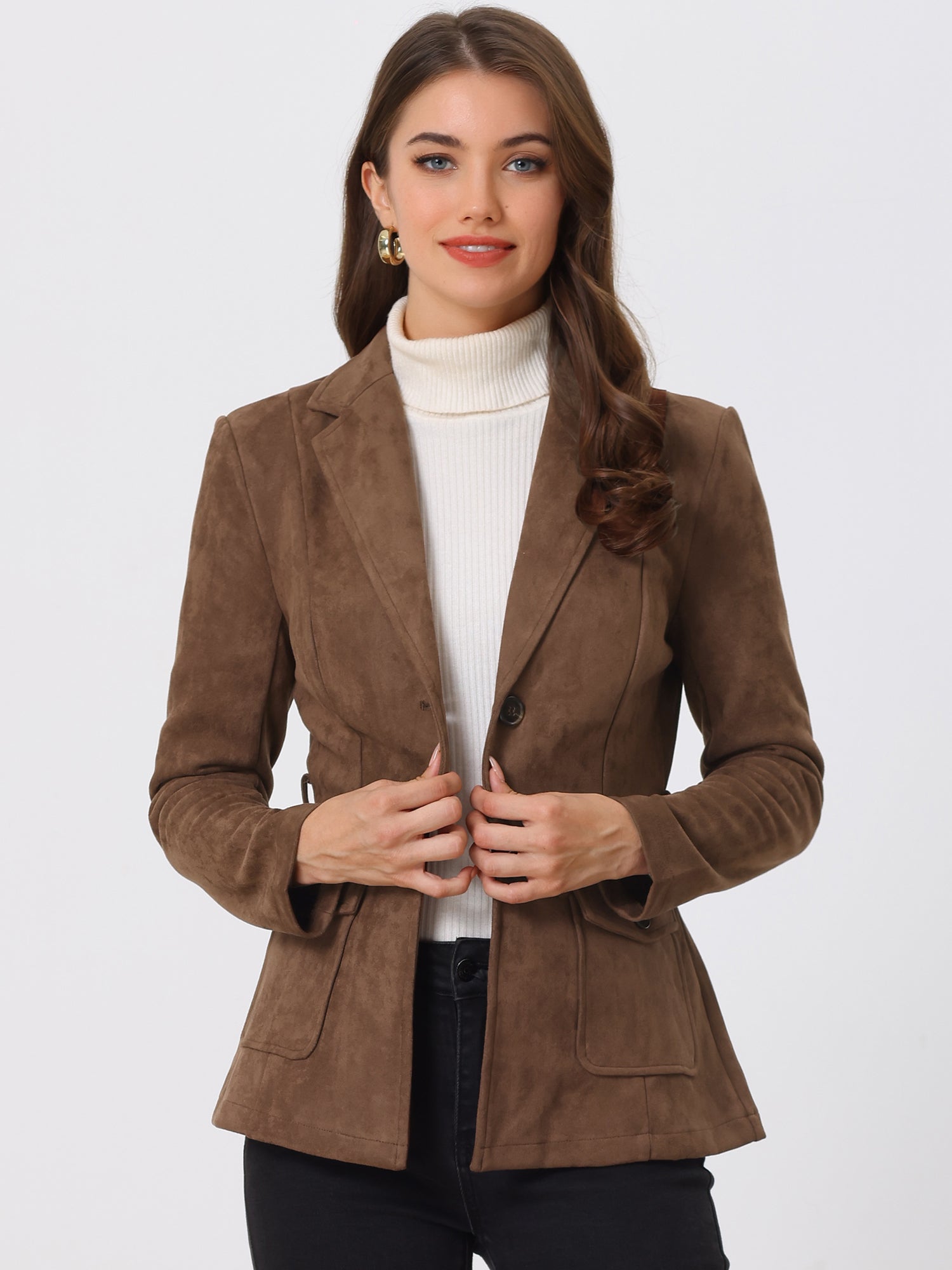 Faux Suede Blazer Belted Lapel Outwear Single Breasted Work Jacket