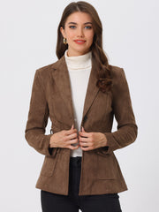Faux Suede Blazer Belted Lapel Outwear Single Breasted Work Jacket