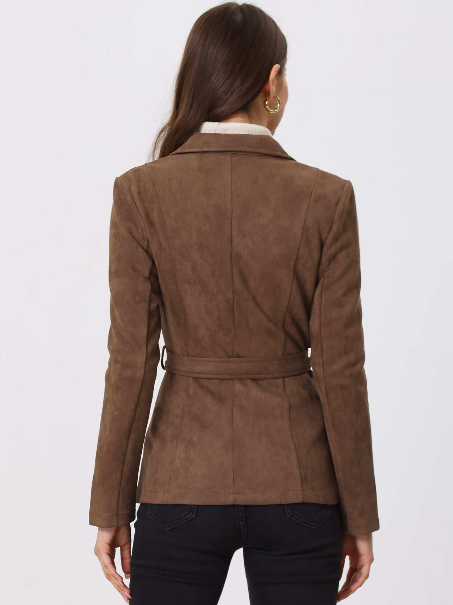 Faux Suede Blazer Belted Lapel Outwear Single Breasted Work Jacket