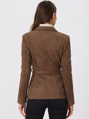 Faux Suede Blazer Belted Lapel Outwear Single Breasted Work Jacket