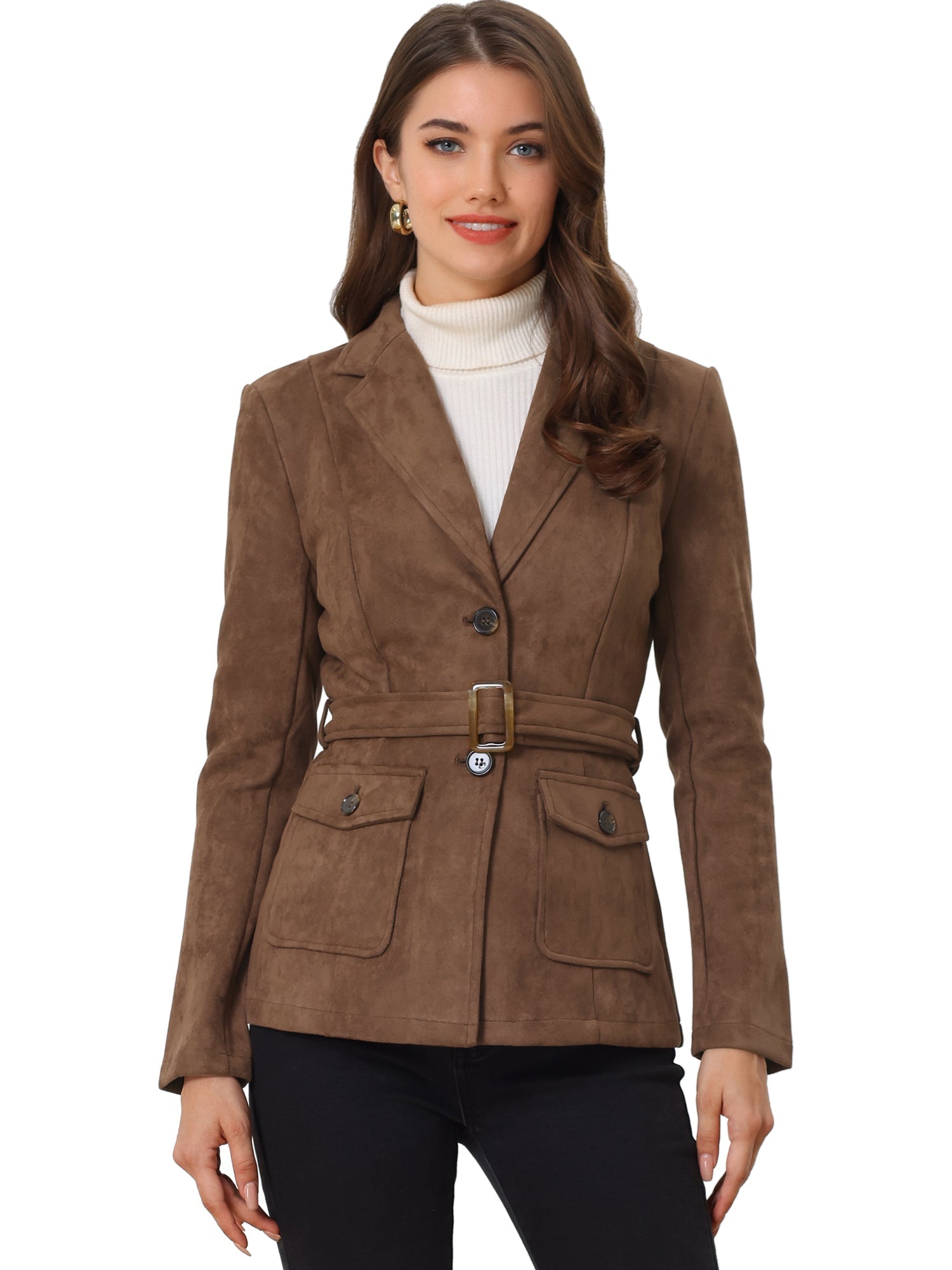 Faux Suede Blazer Belted Lapel Outwear Single Breasted Work Jacket