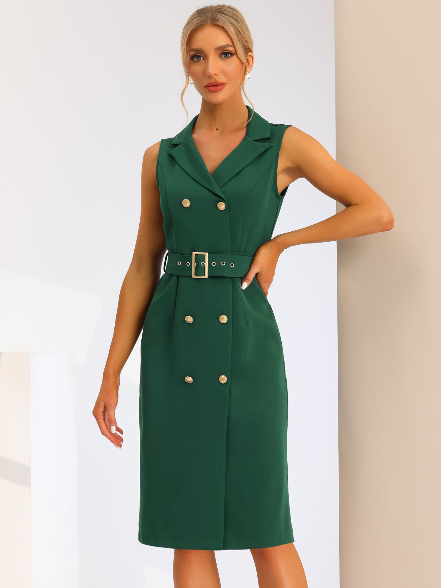 Sleeveless Notched Lapel Double Breasted Belted Office Blazer Dress
