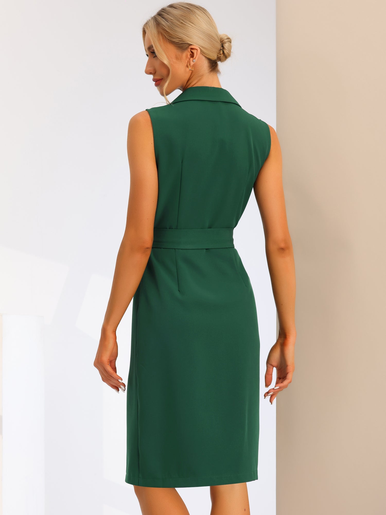 Sleeveless Notched Lapel Double Breasted Belted Office Blazer Dress