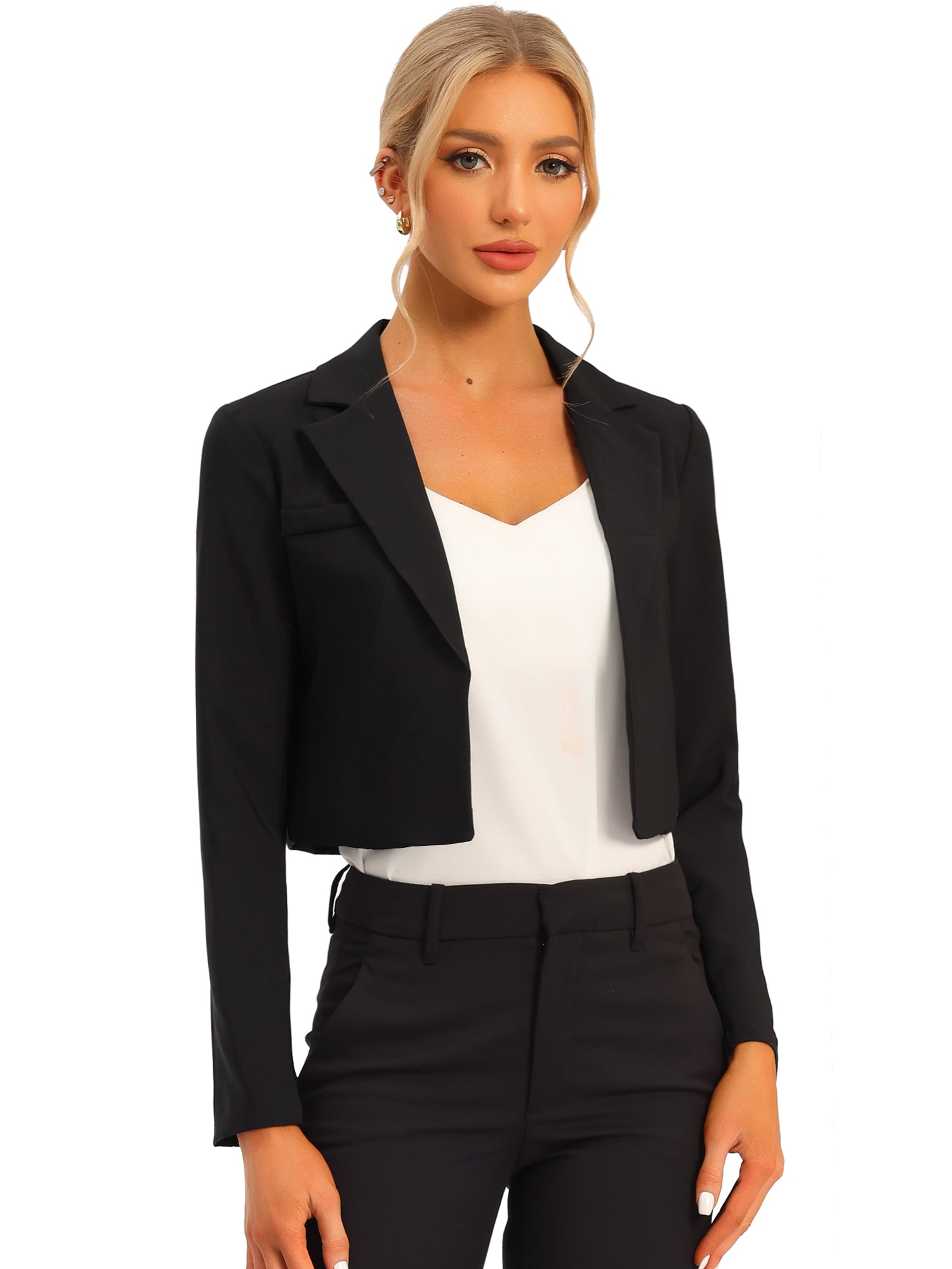 Long Sleeve Open Front Notched Lapel Business Cropped Blazer