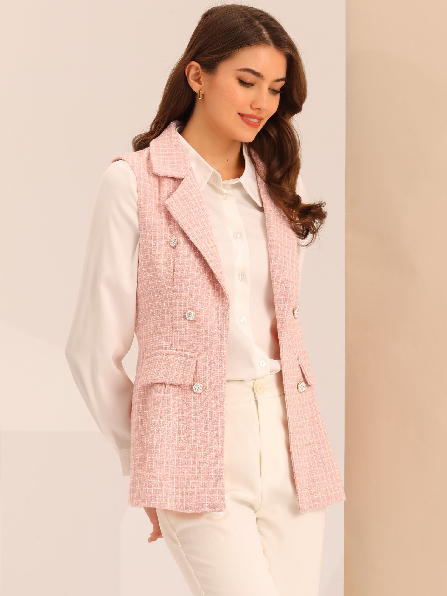 Tweed Open Front Plaid Sleeveless Cardigan Blazer Jacket Vest