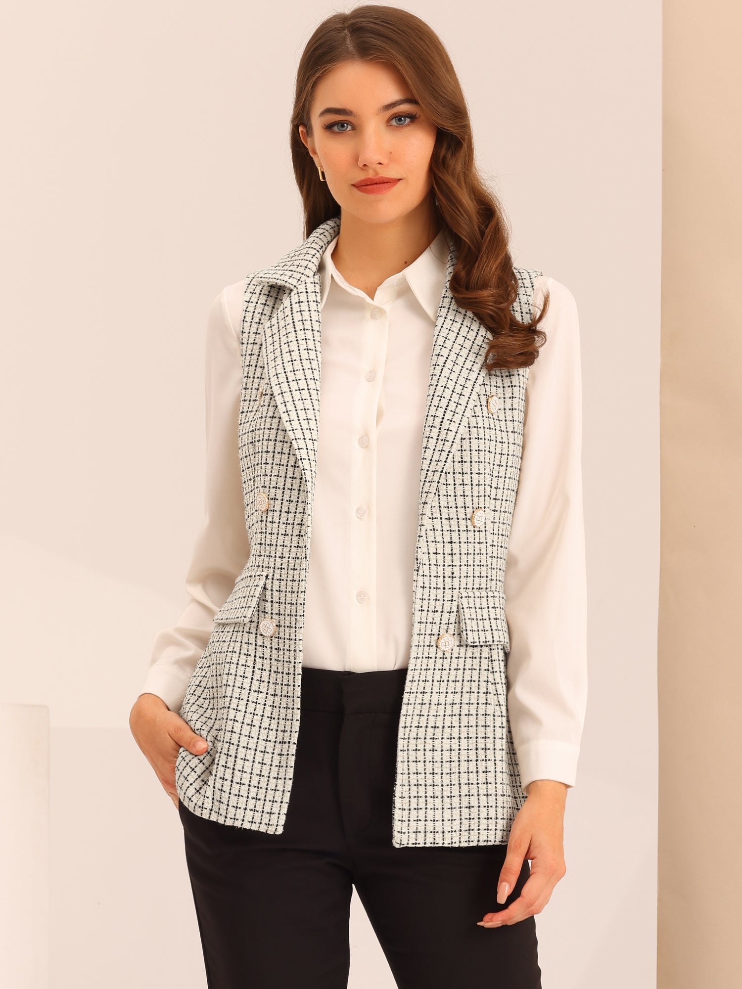 Tweed Open Front Plaid Sleeveless Cardigan Blazer Jacket Vest