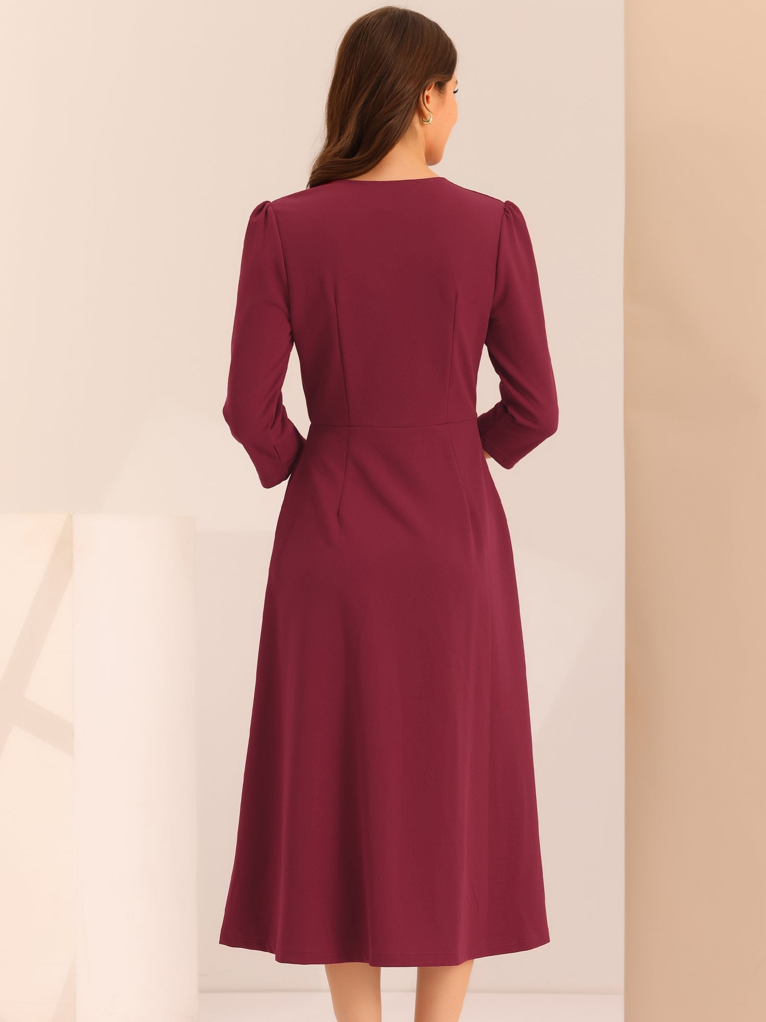 Notch Neck Pocketed 3/4 Sleeve Solid A-Line Work Dress