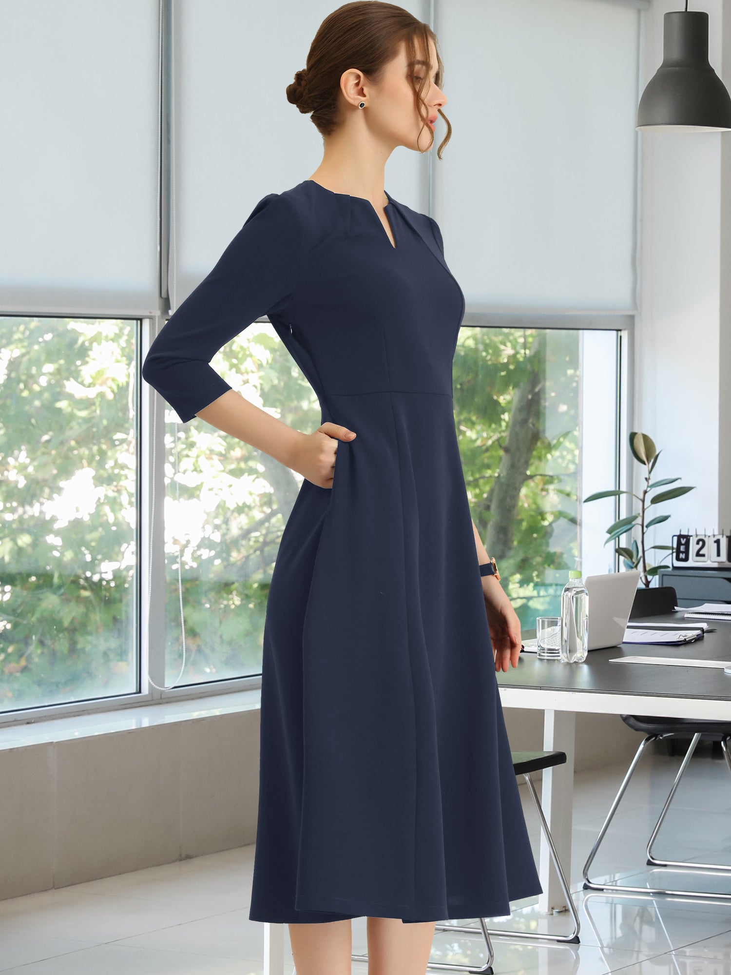 Notch Neck Pocketed 3/4 Sleeve Solid A-Line Work Dress