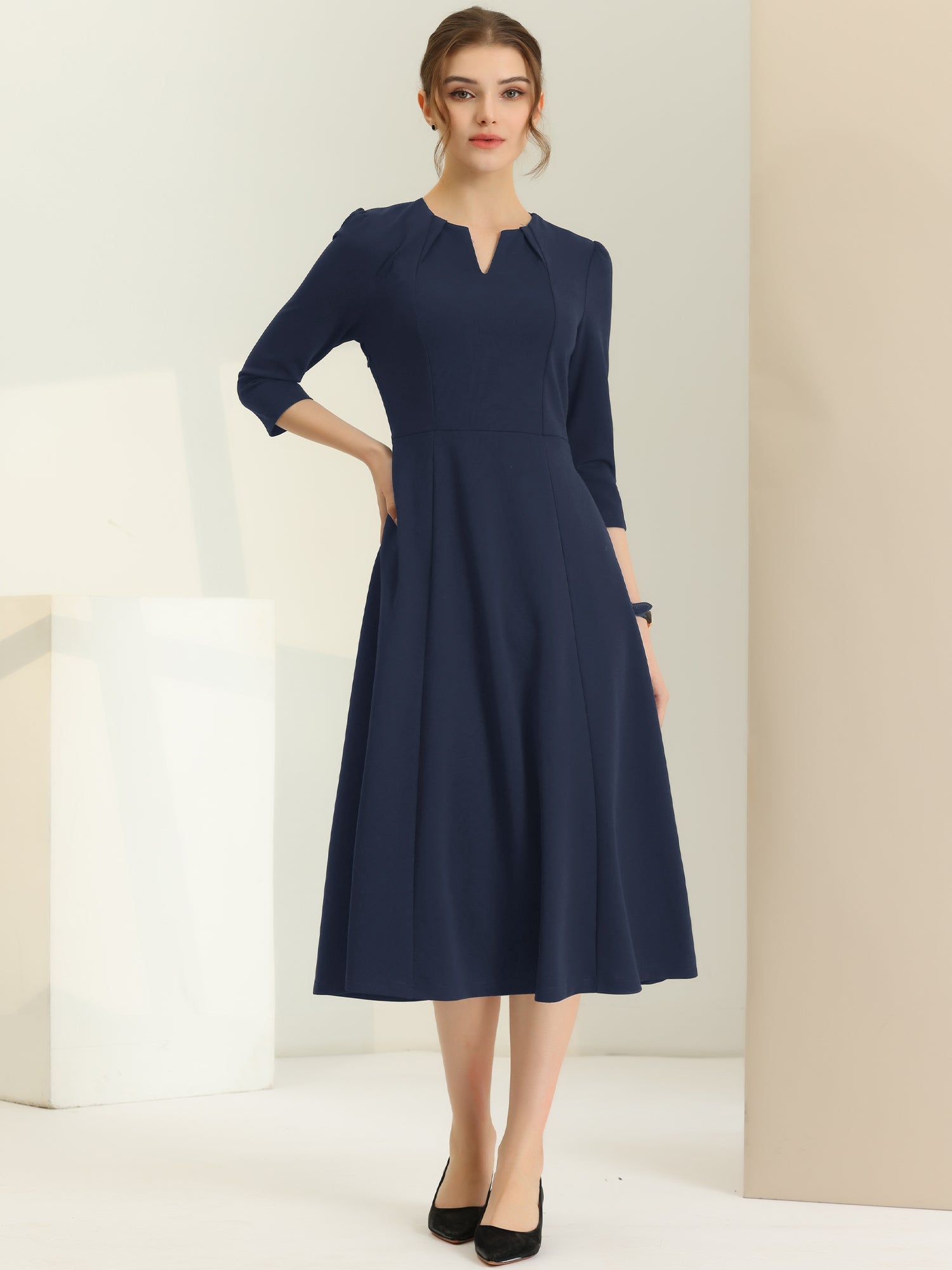 Notch Neck Pocketed 3/4 Sleeve Solid A-Line Work Dress