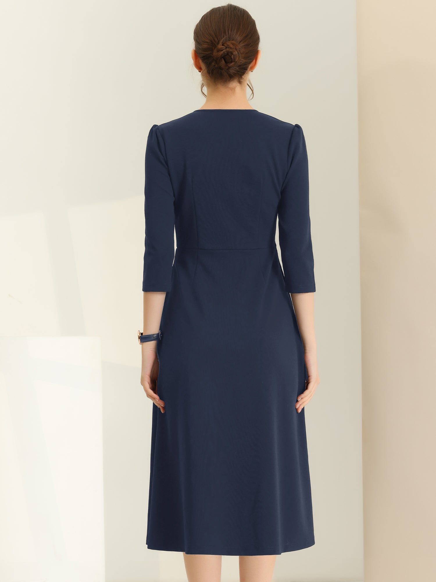 Notch Neck Pocketed 3/4 Sleeve Solid A-Line Work Dress
