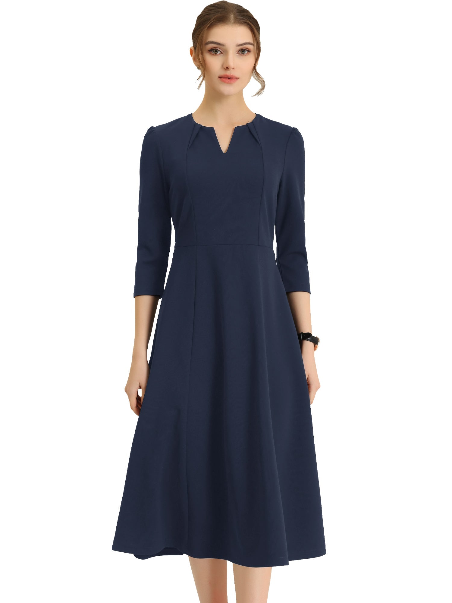 Notch Neck Pocketed 3/4 Sleeve Solid A-Line Work Dress