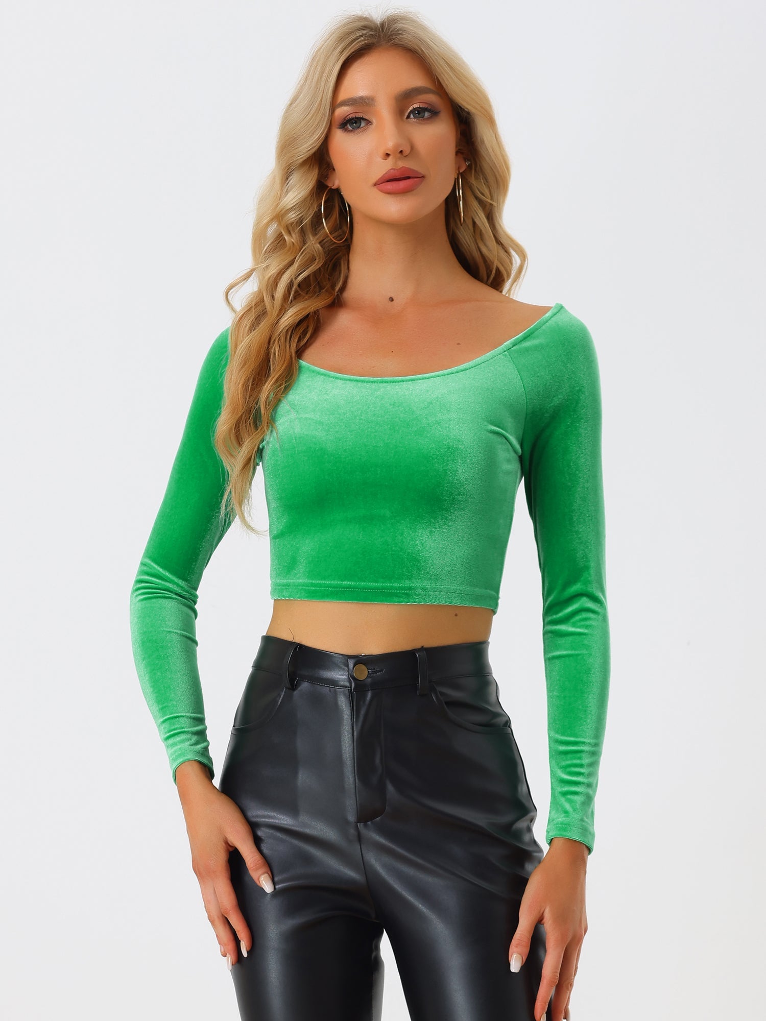 Velvet Long Sleeve Off Shoulder Solid Crop Top