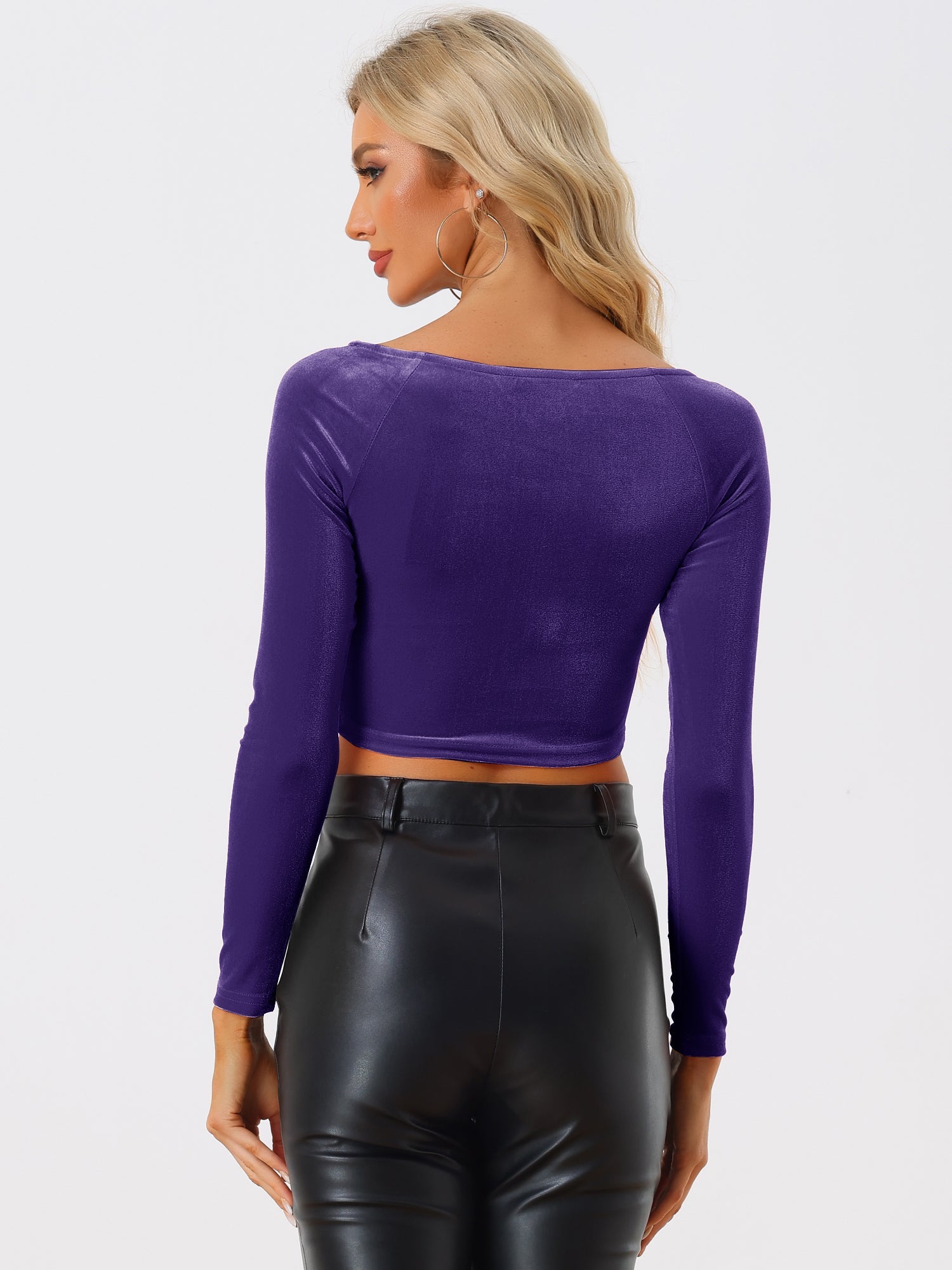 Velvet Long Sleeve Off Shoulder Solid Crop Top