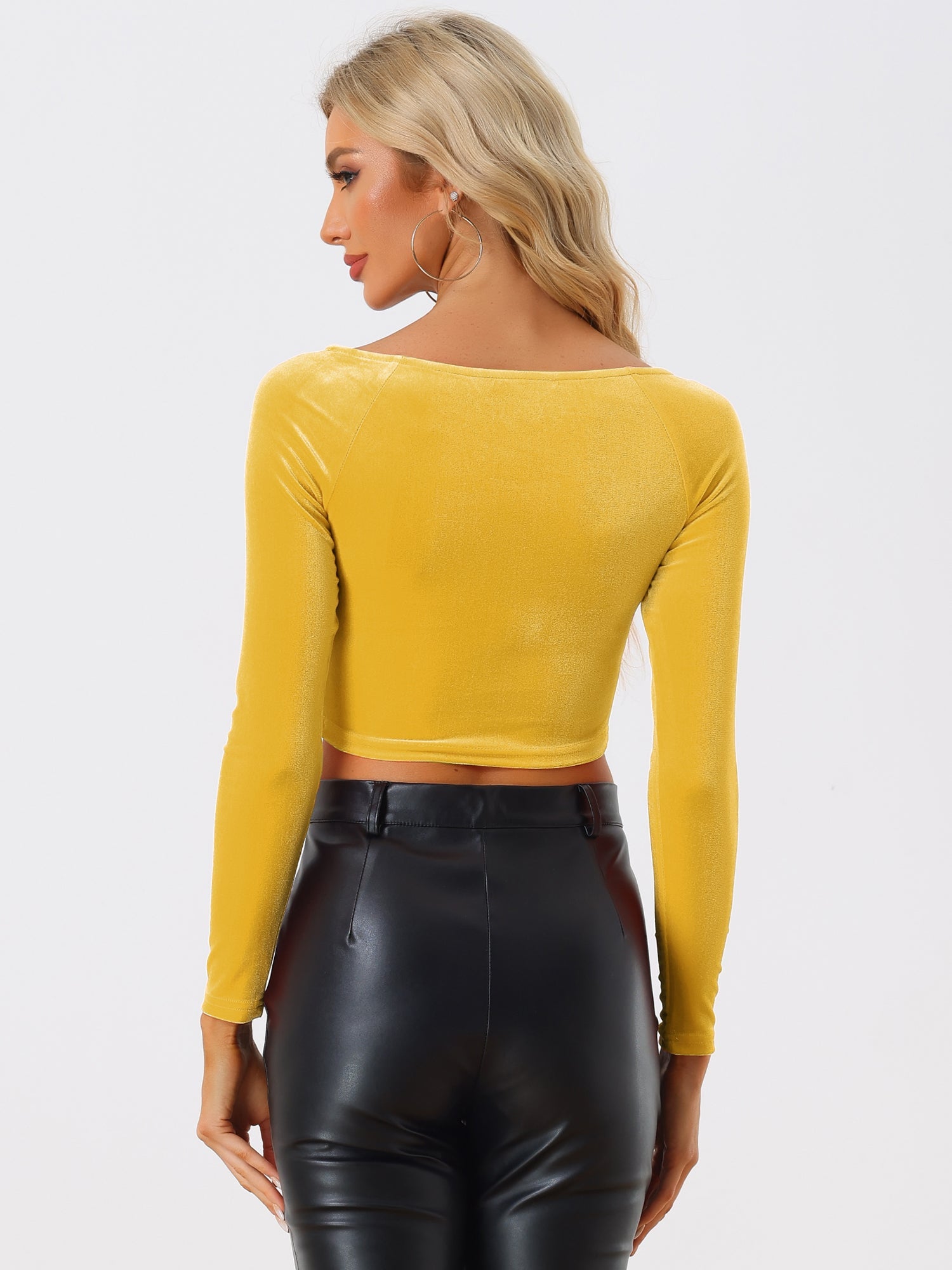 Velvet Long Sleeve Off Shoulder Solid Crop Top