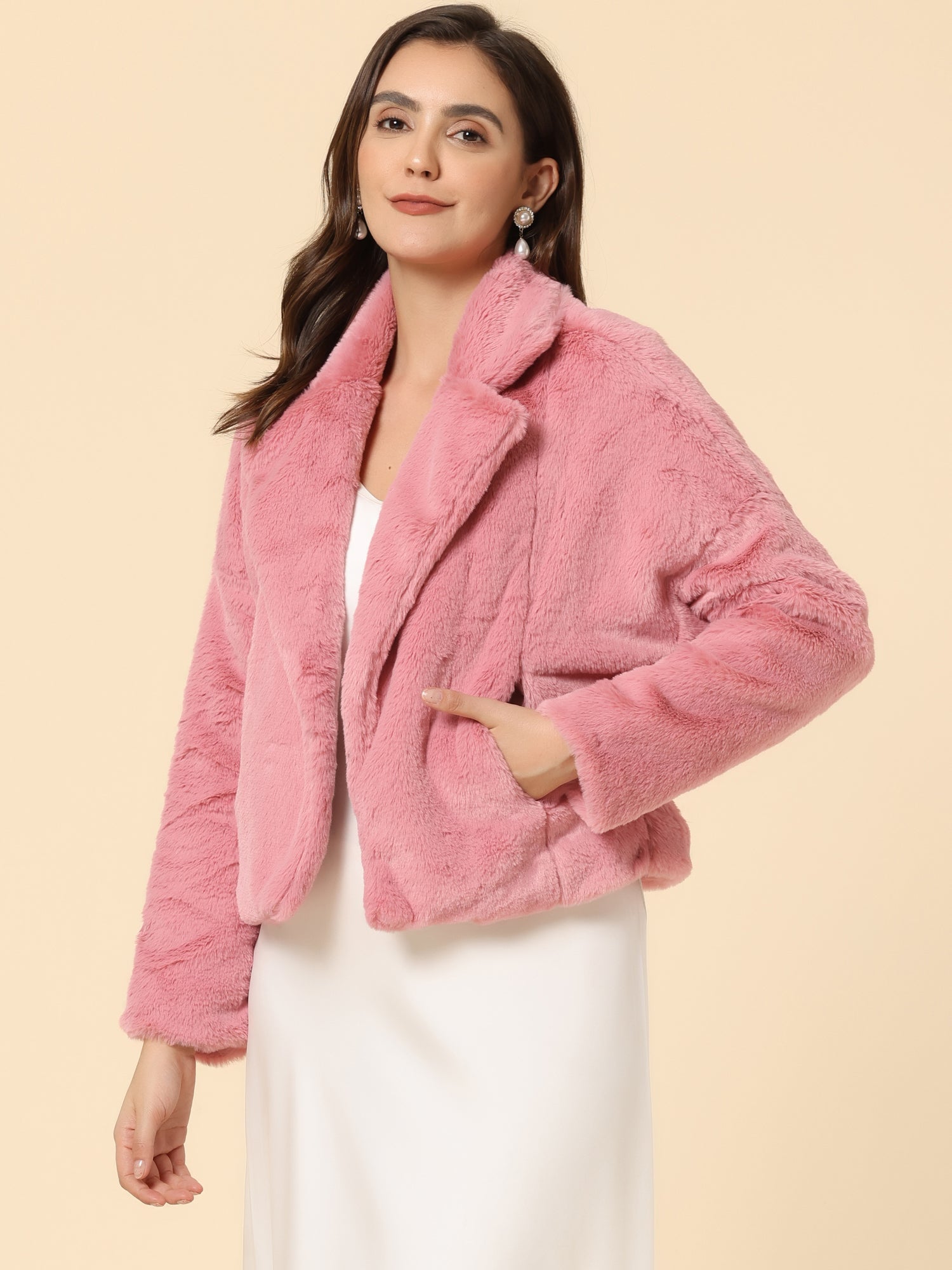 Allegra K Cropped Notch Lapel Faux Fur Fluffy Jacket