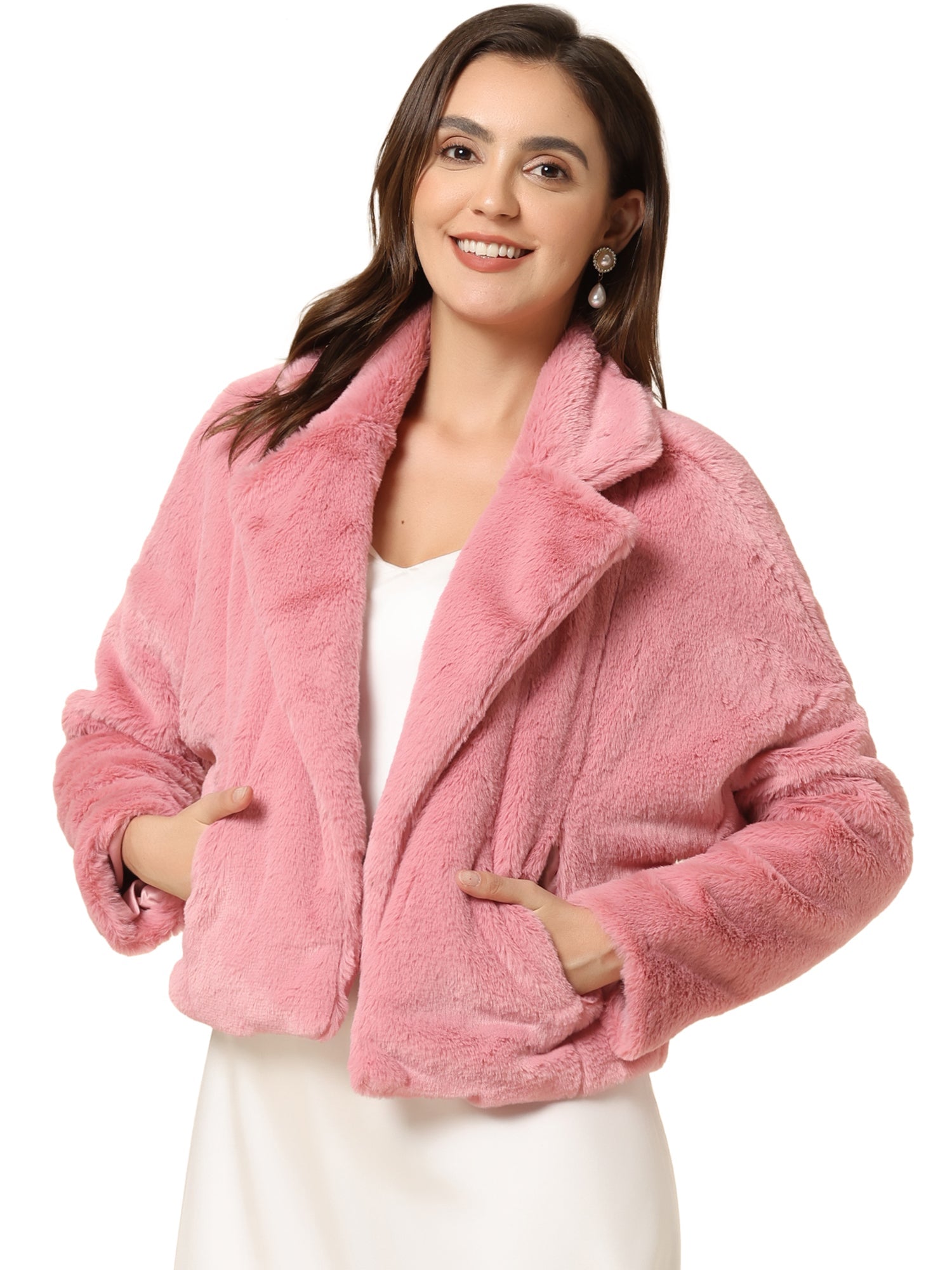 Allegra K Cropped Notch Lapel Faux Fur Fluffy Jacket