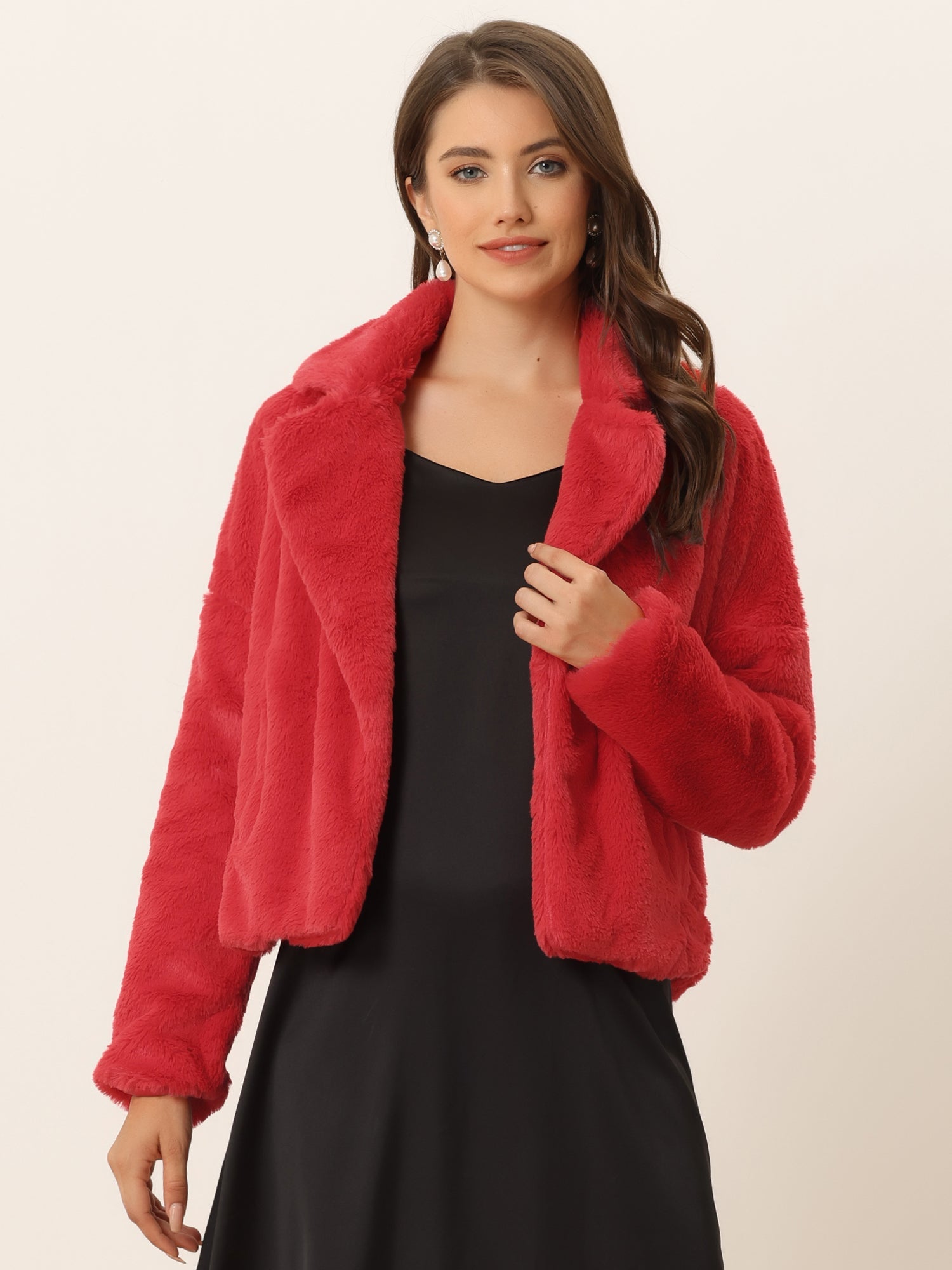 Allegra K Cropped Notch Lapel Faux Fur Fluffy Jacket