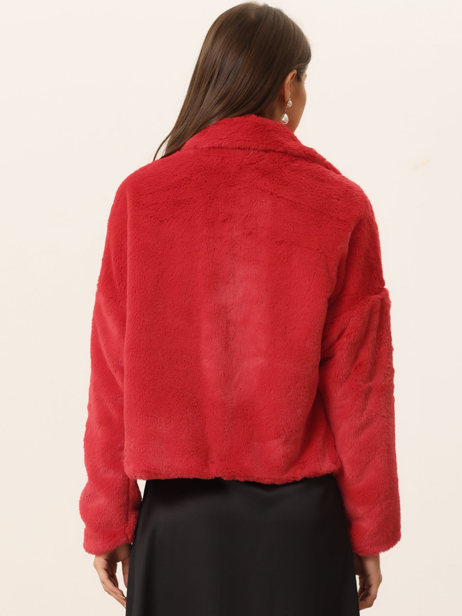 Allegra K Cropped Notch Lapel Faux Fur Fluffy Jacket