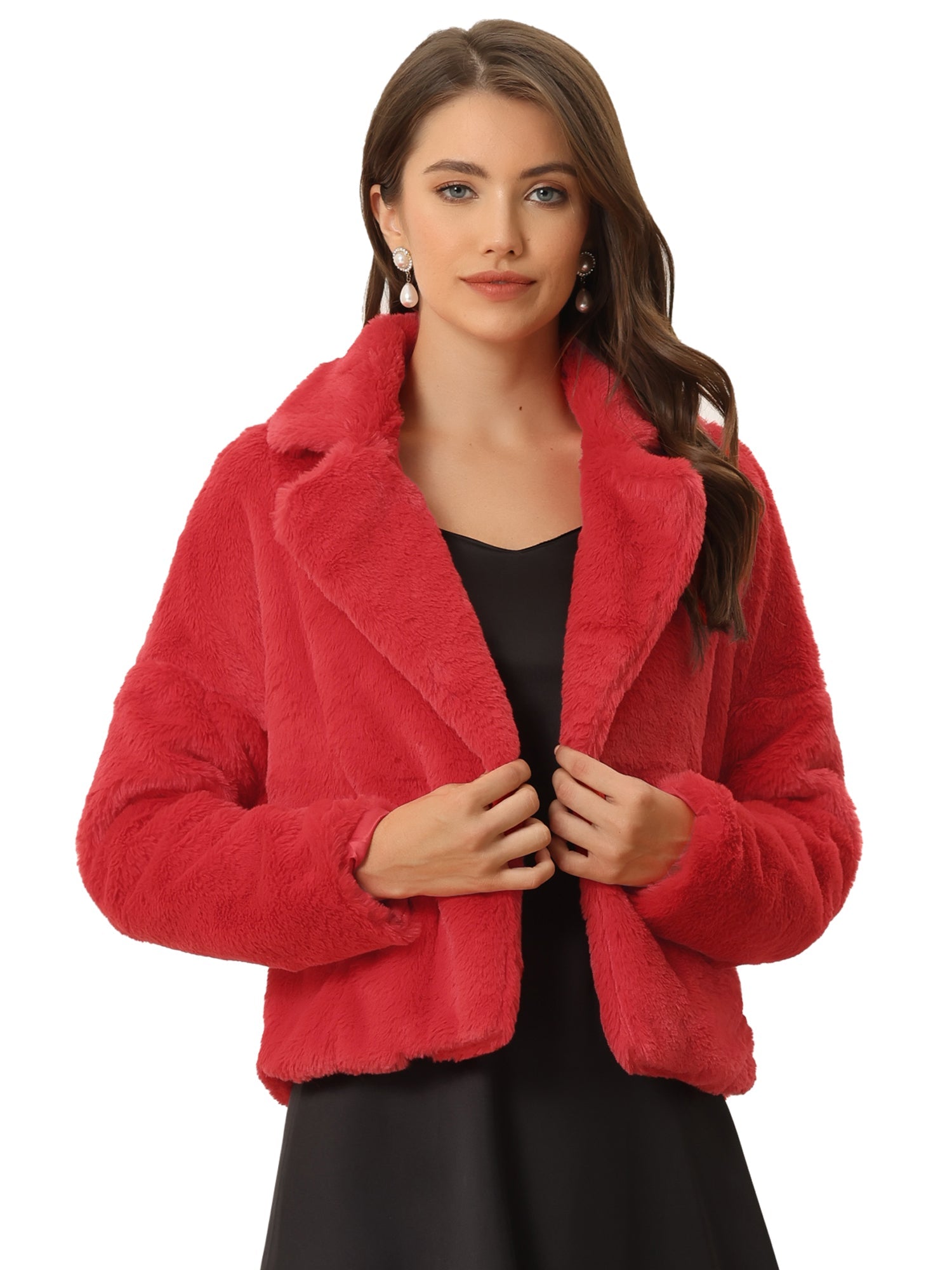 Allegra K Cropped Notch Lapel Faux Fur Fluffy Jacket