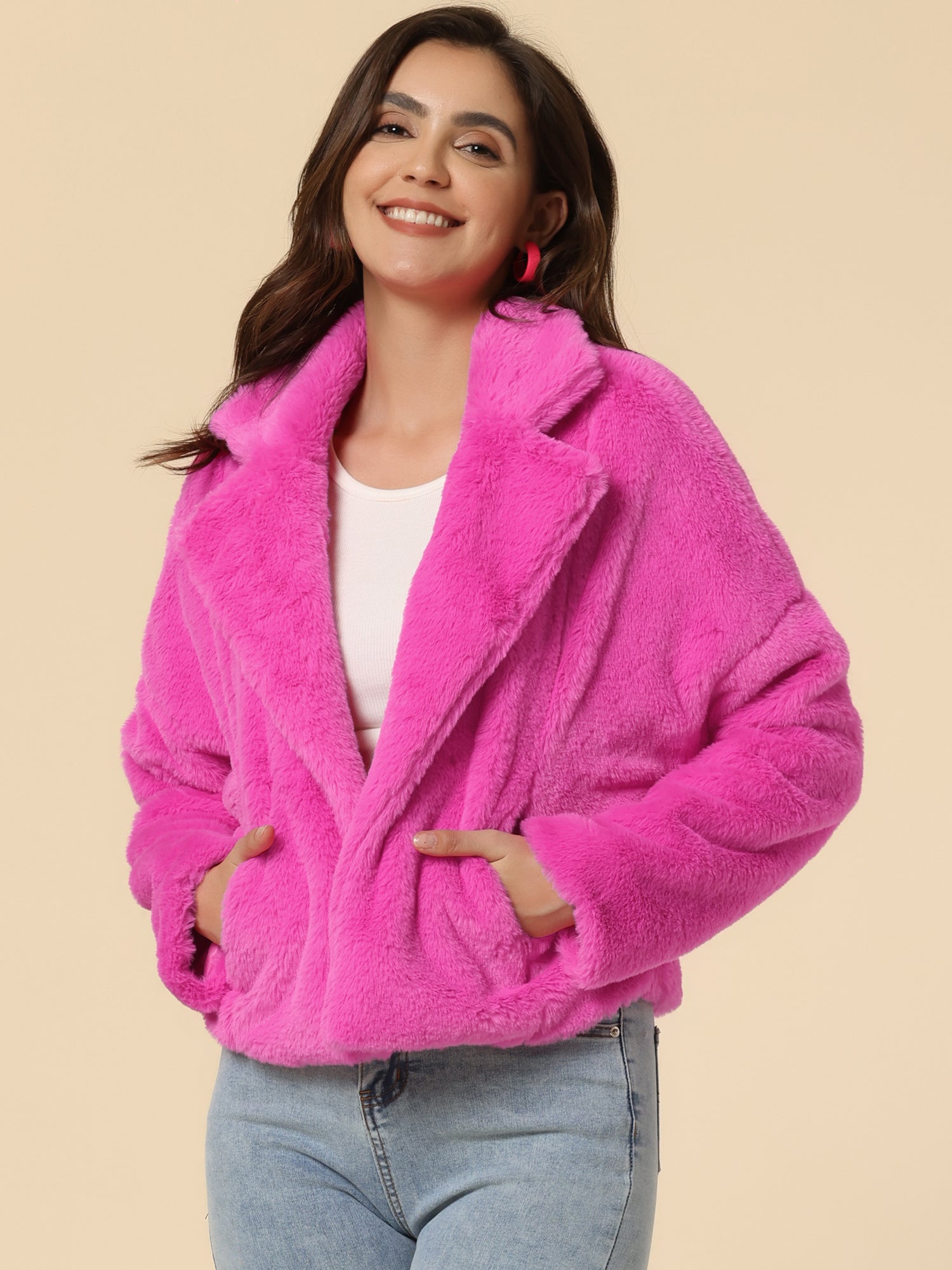 Allegra K Cropped Notch Lapel Faux Fur Fluffy Jacket