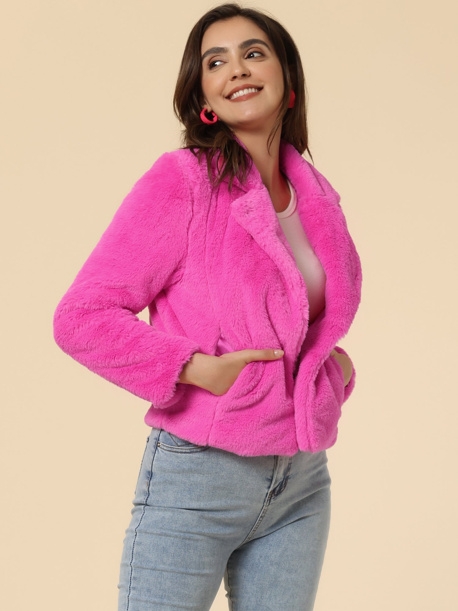Allegra K Cropped Notch Lapel Faux Fur Fluffy Jacket