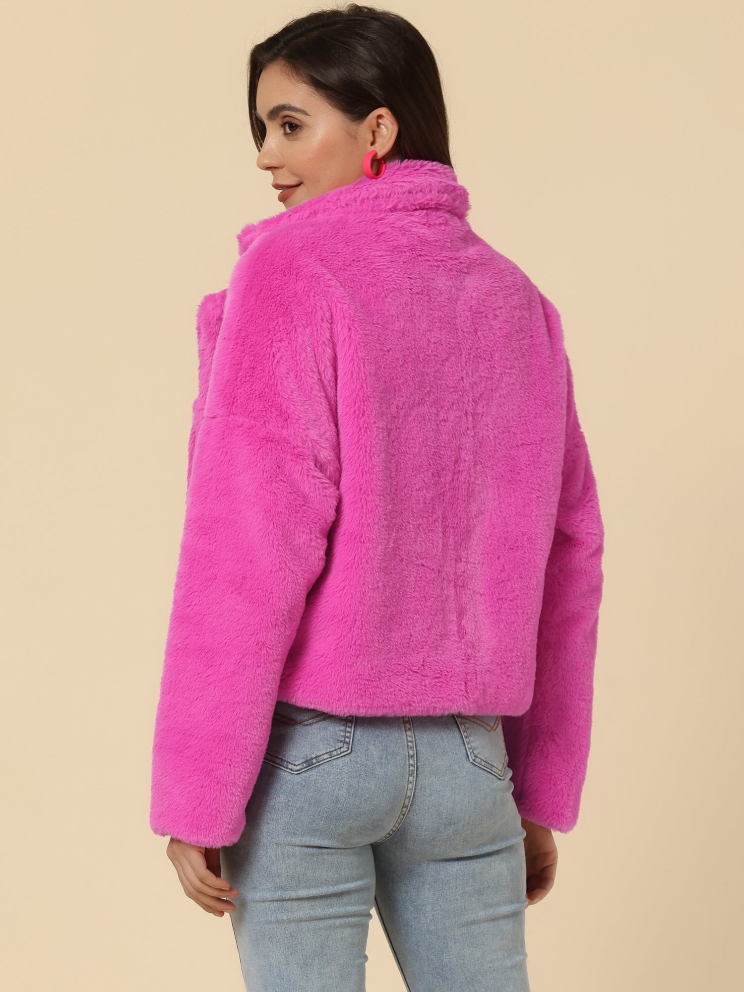 Allegra K Cropped Notch Lapel Faux Fur Fluffy Jacket
