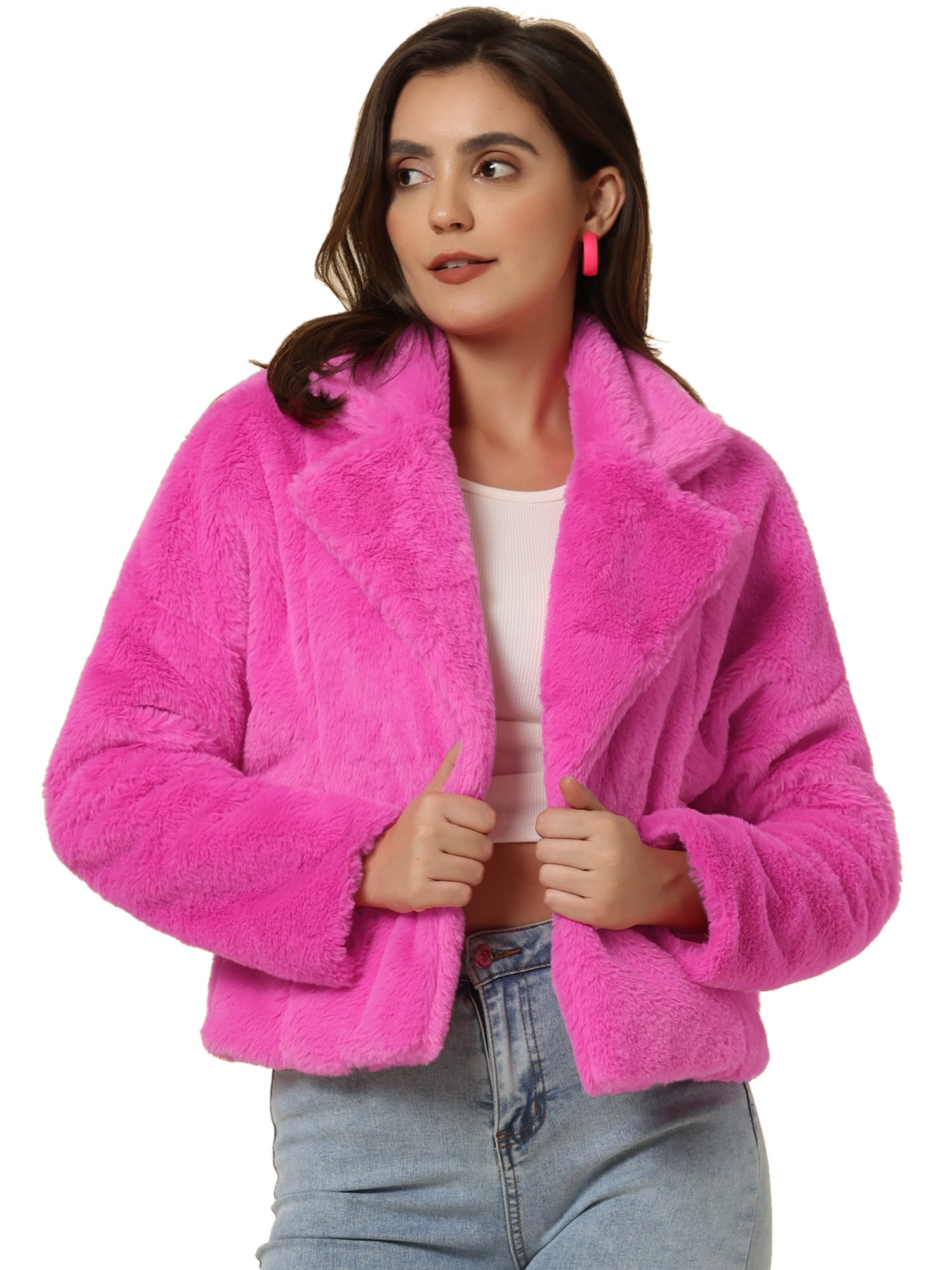 Allegra K Cropped Notch Lapel Faux Fur Fluffy Jacket