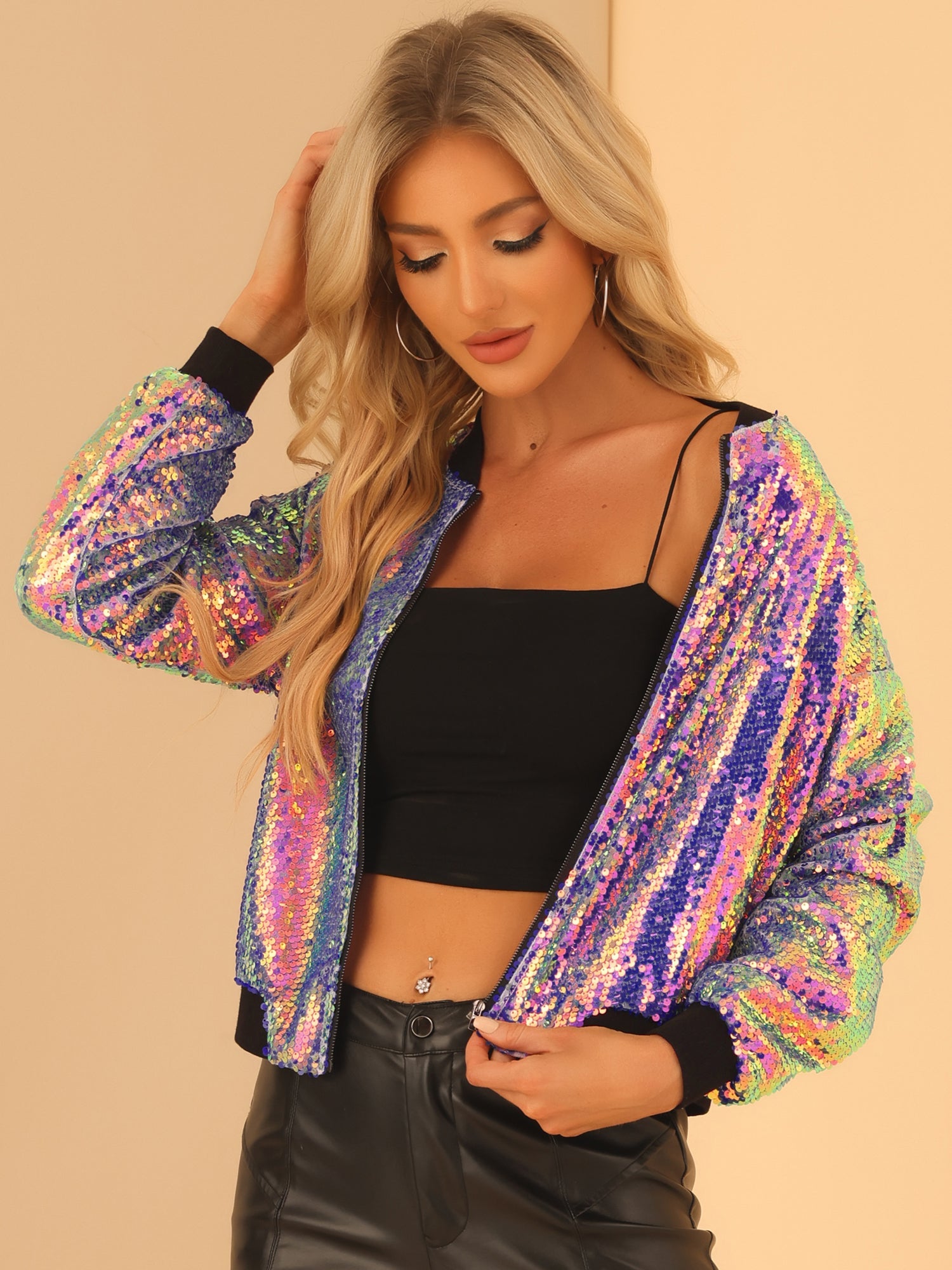 Sequin Sparkle Party Long Sleeve Zipper Bomber Jacket