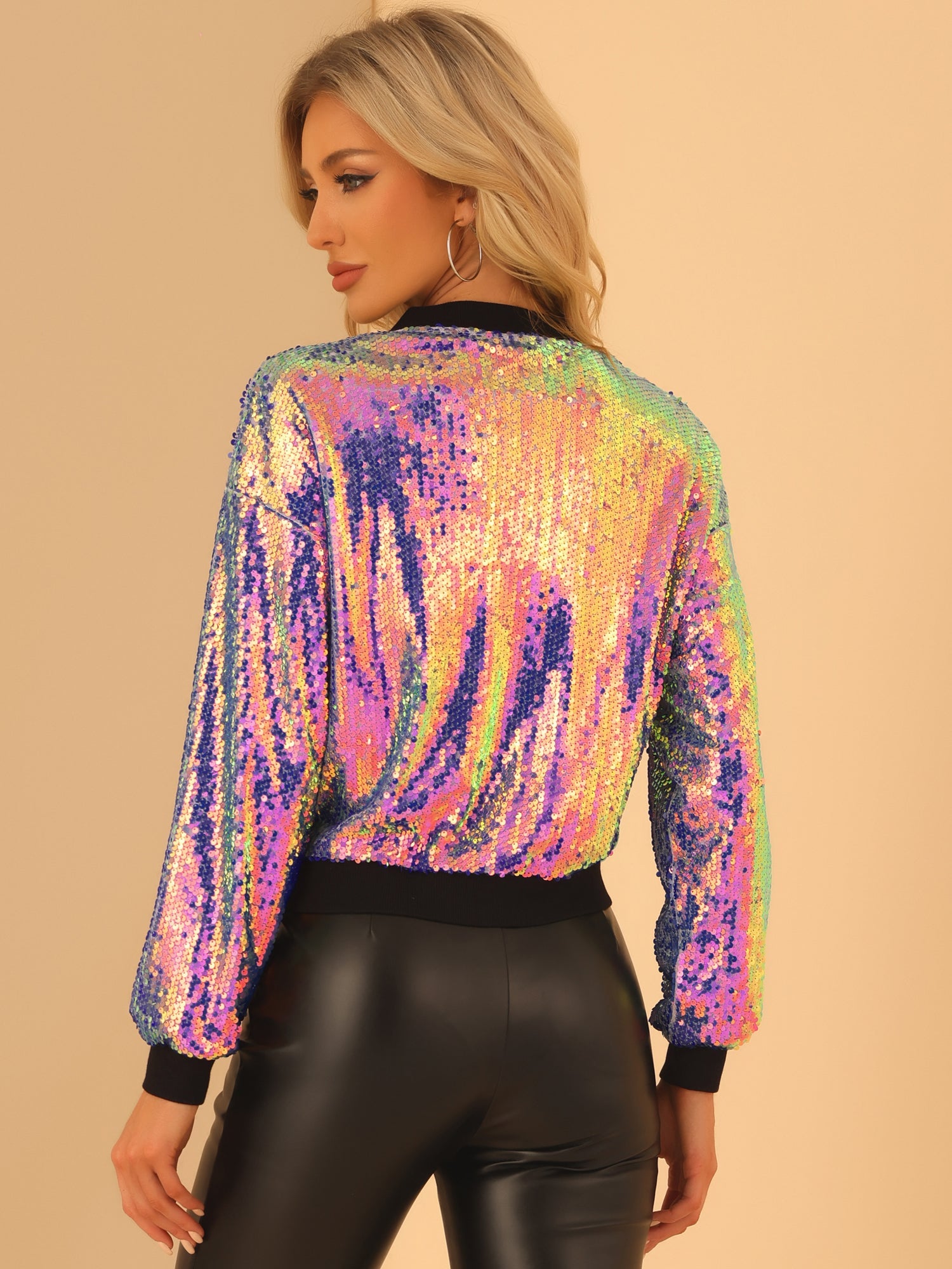 Sequin Sparkle Party Long Sleeve Zipper Bomber Jacket