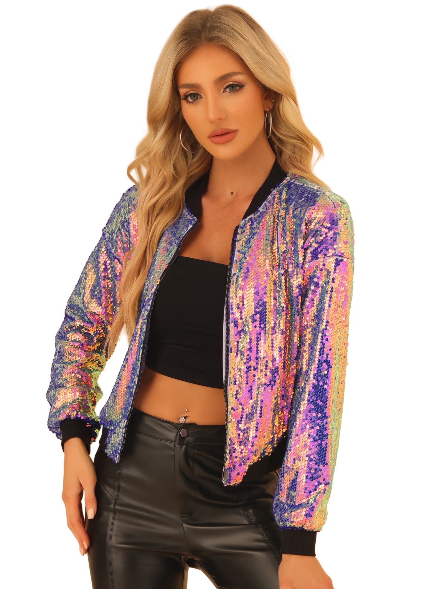 Sequin Sparkle Party Long Sleeve Zipper Bomber Jacket