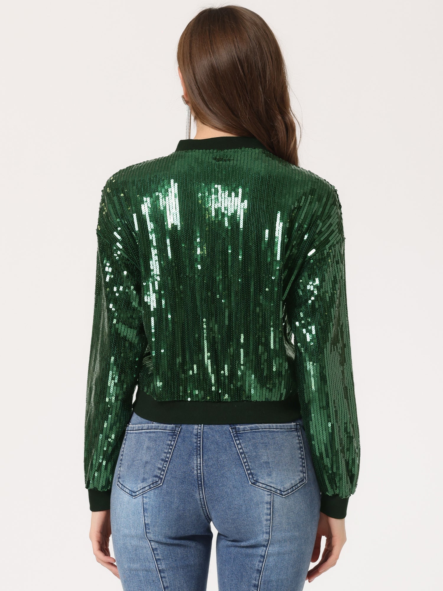 Sequin Sparkle Party Long Sleeve Zipper Bomber Jacket