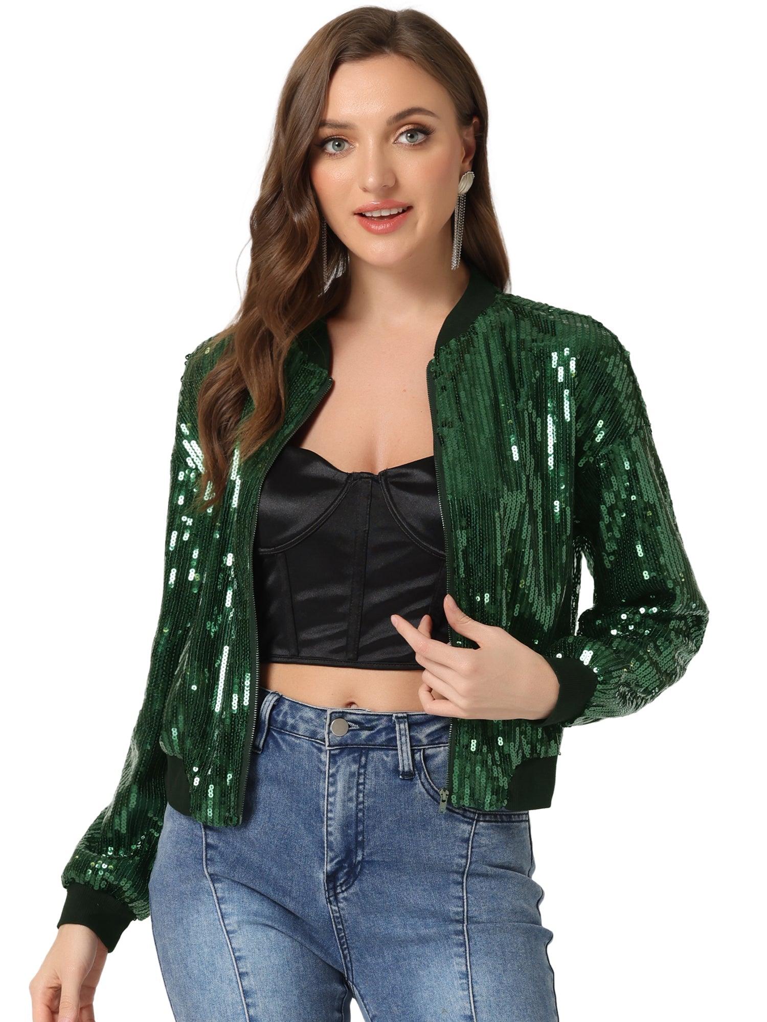 Sequin Sparkle Party Long Sleeve Zipper Bomber Jacket