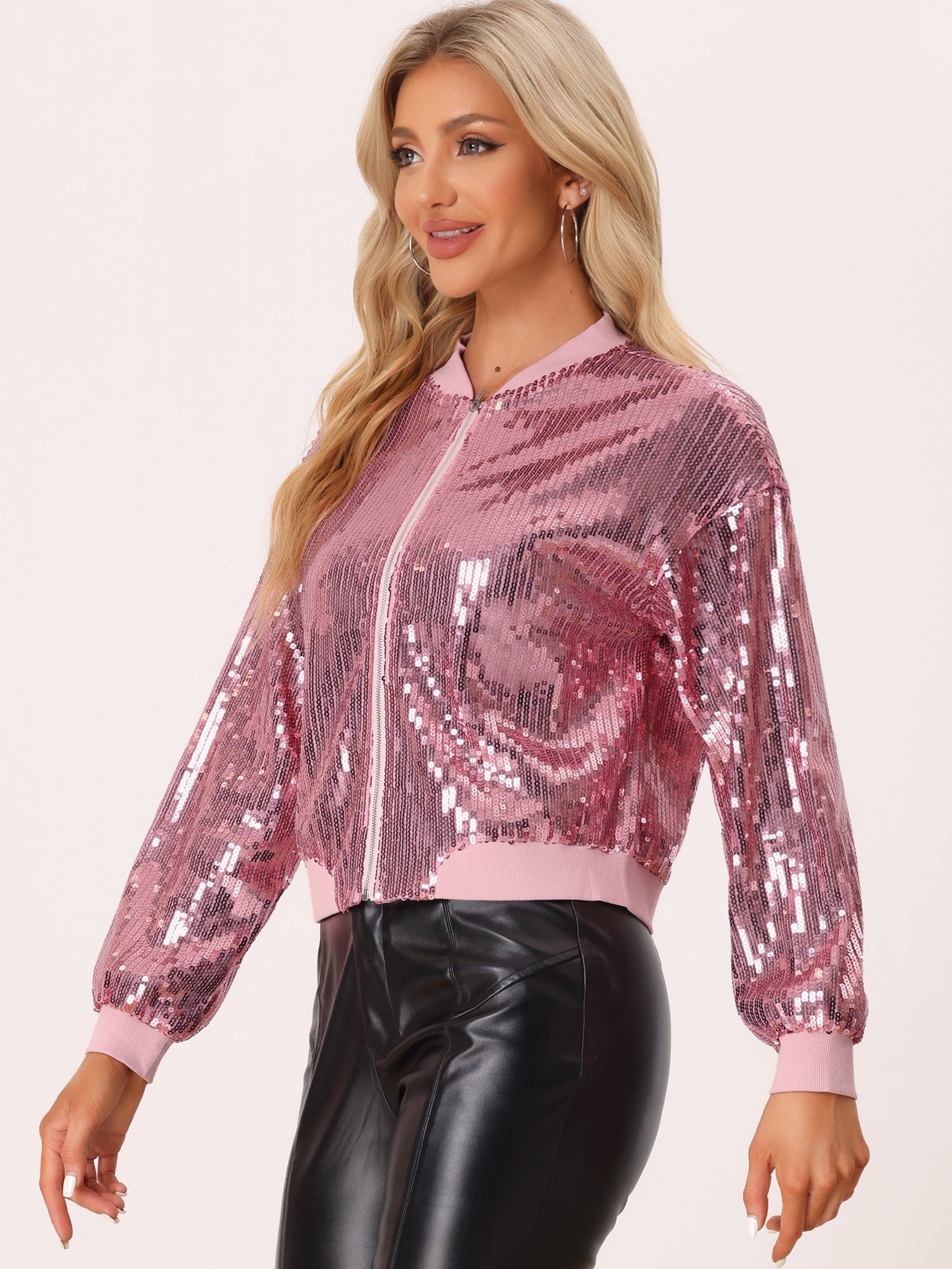 Sequin Sparkle Party Long Sleeve Zipper Bomber Jacket