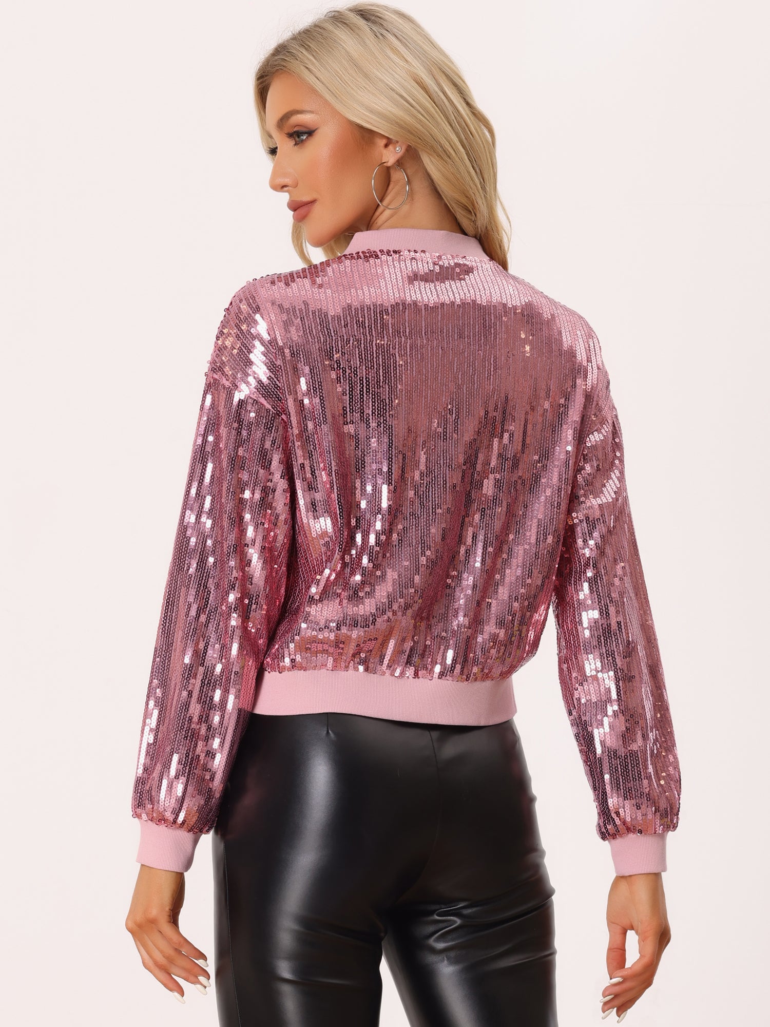 Sequin Sparkle Party Long Sleeve Zipper Bomber Jacket