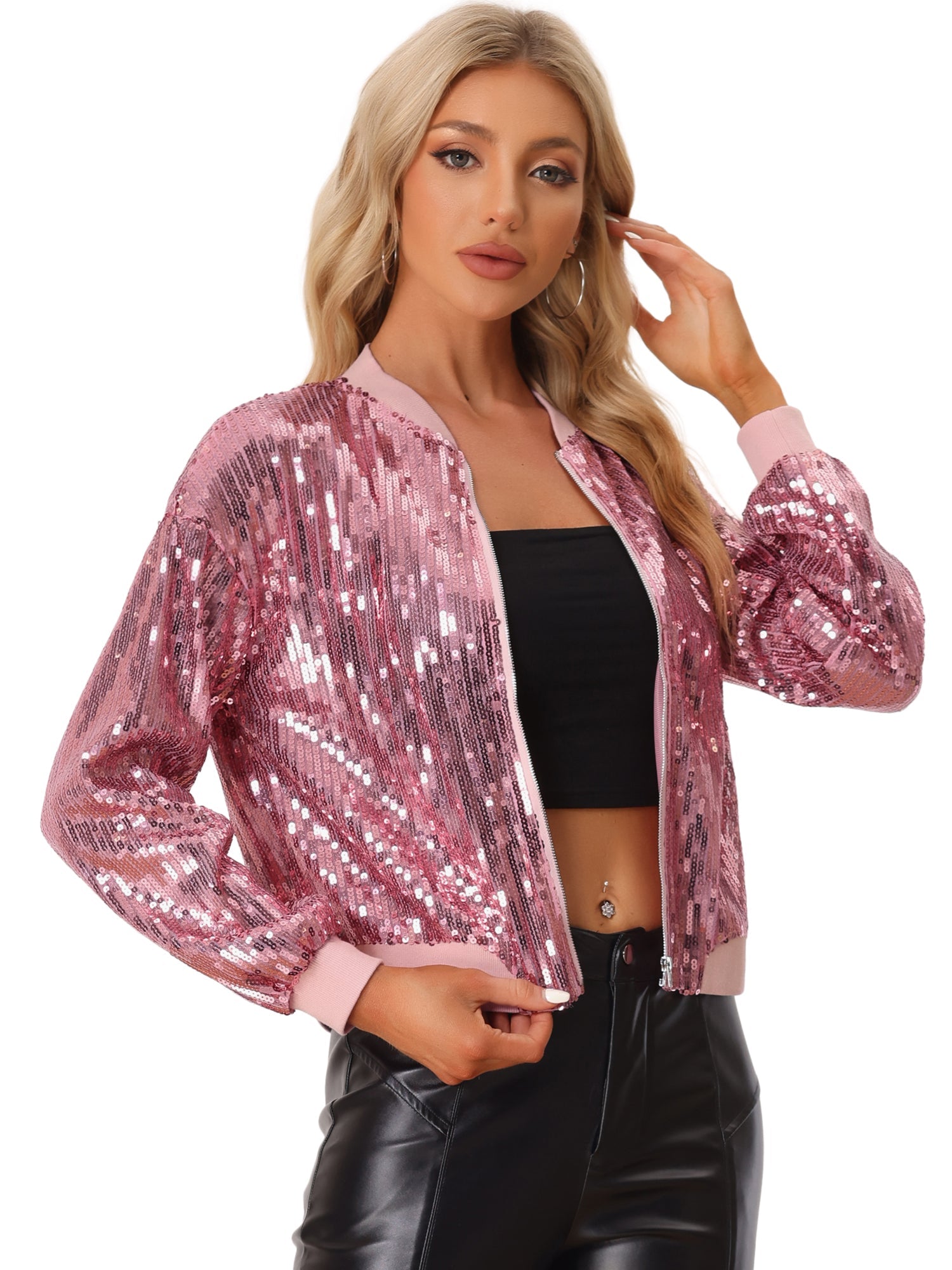 Sequin Sparkle Party Long Sleeve Zipper Bomber Jacket
