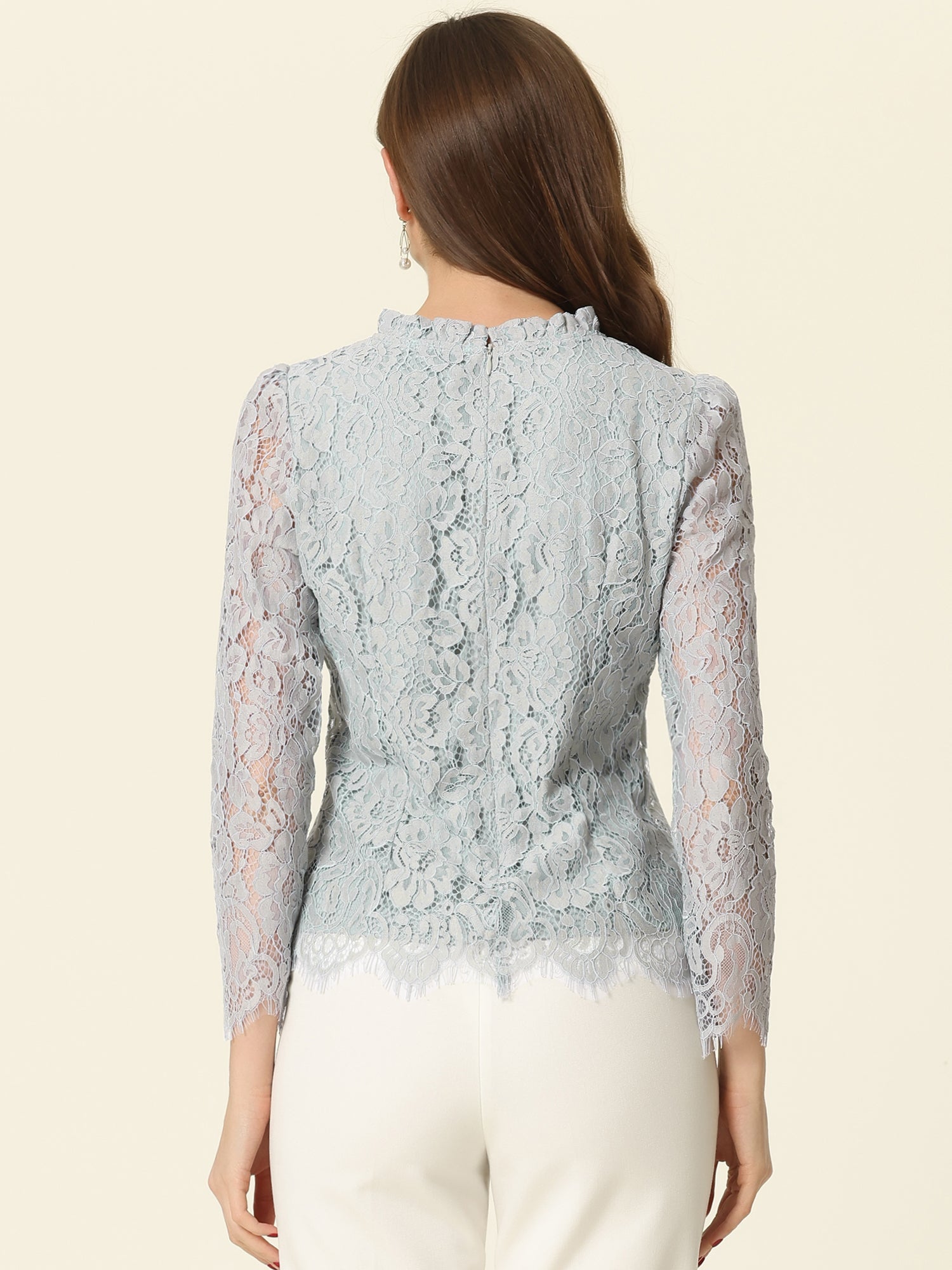 Lace Long Sleeve Ruffle Stand Neck Floral Blouse