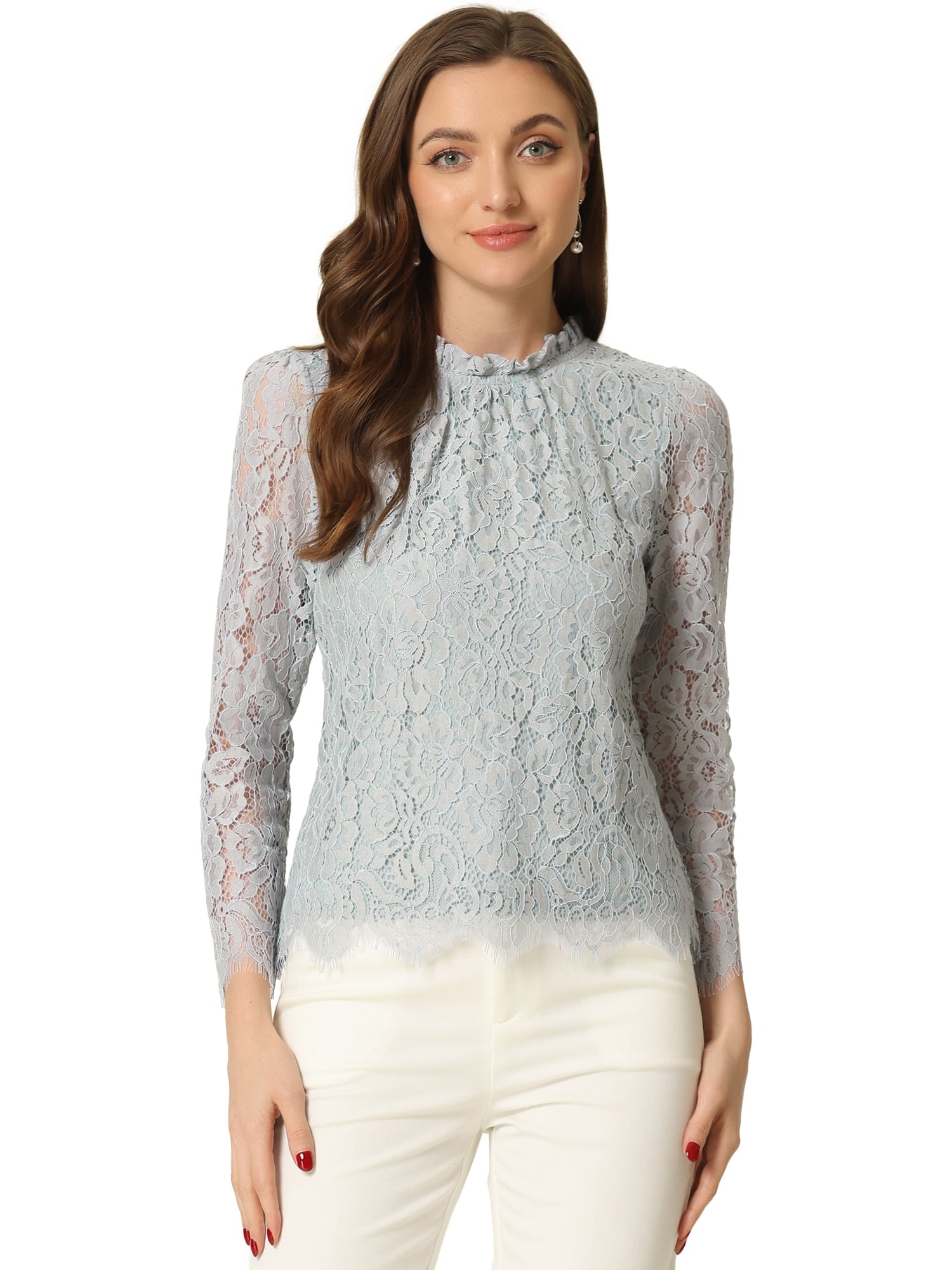 Lace Long Sleeve Ruffle Stand Neck Floral Blouse