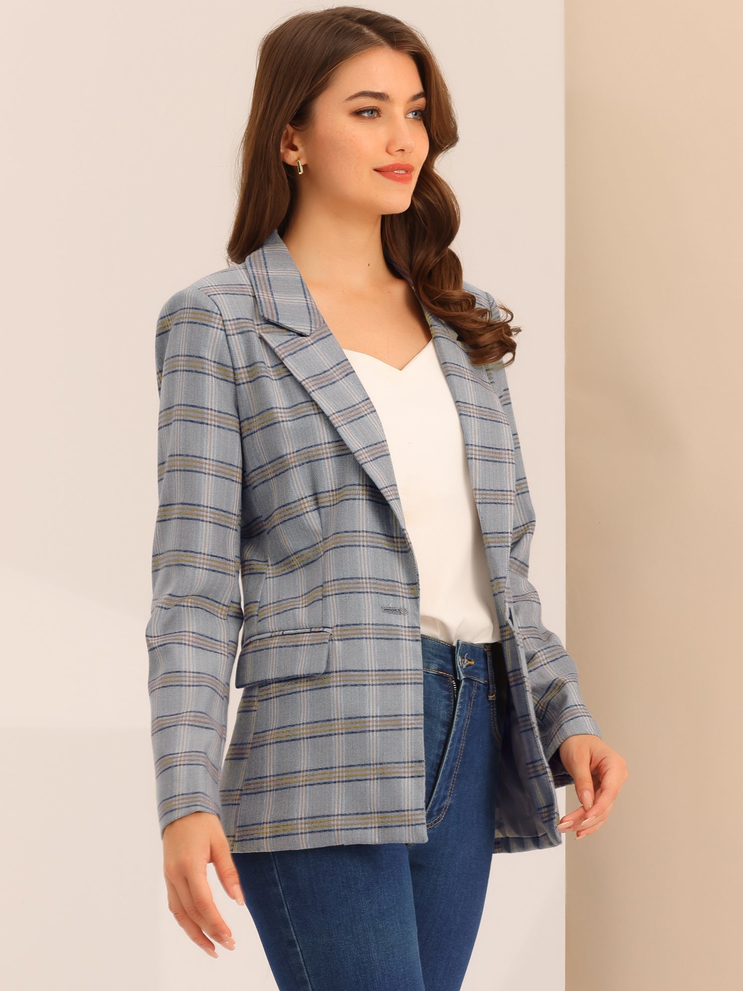 Plaid Notched Lapel One Button Houndstooth Blazer Jacket