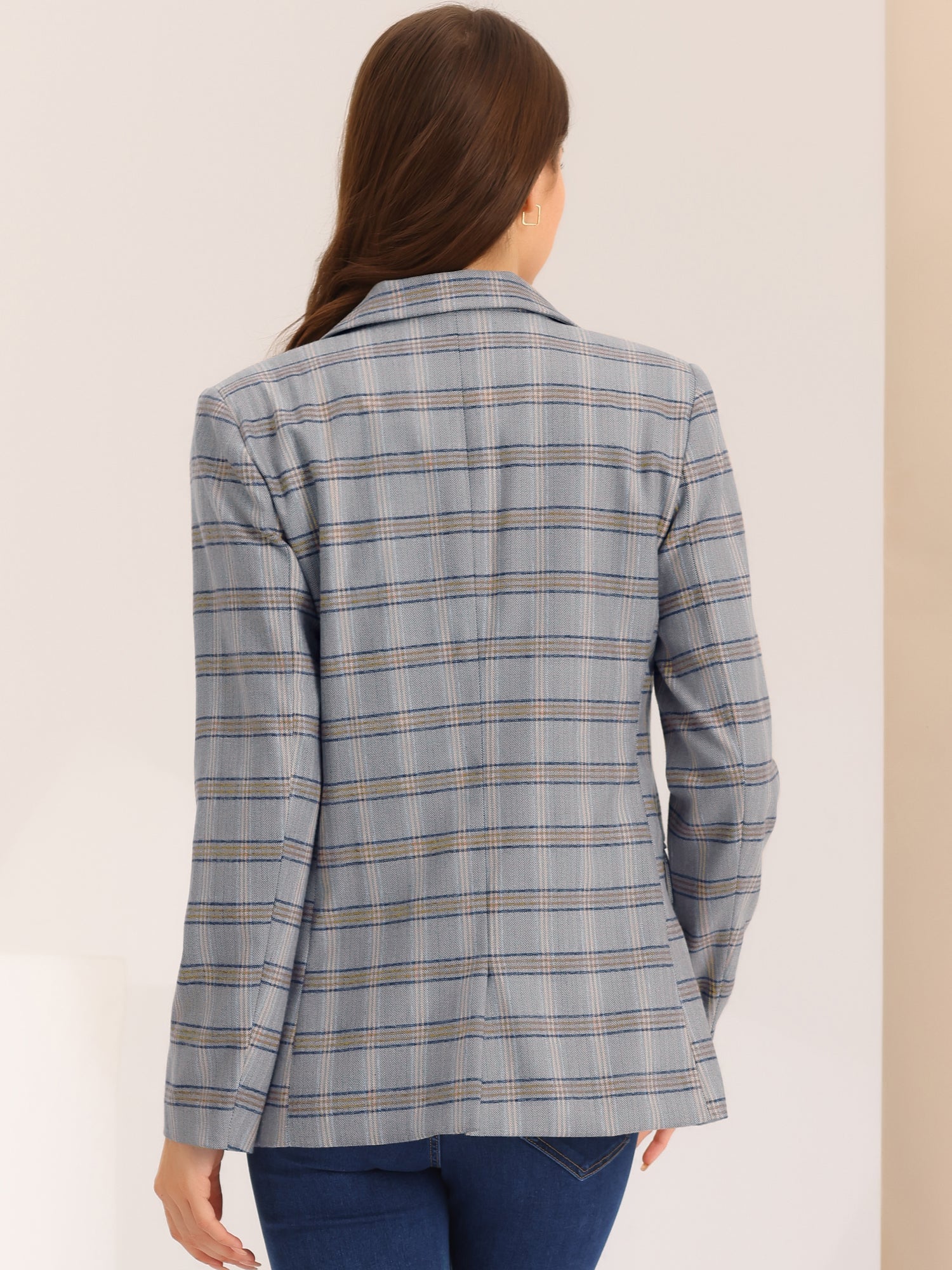 Plaid Notched Lapel One Button Houndstooth Blazer Jacket