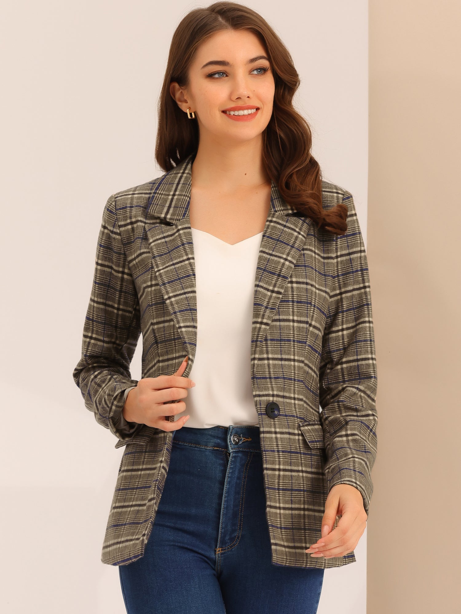 Plaid Notched Lapel One Button Houndstooth Blazer Jacket