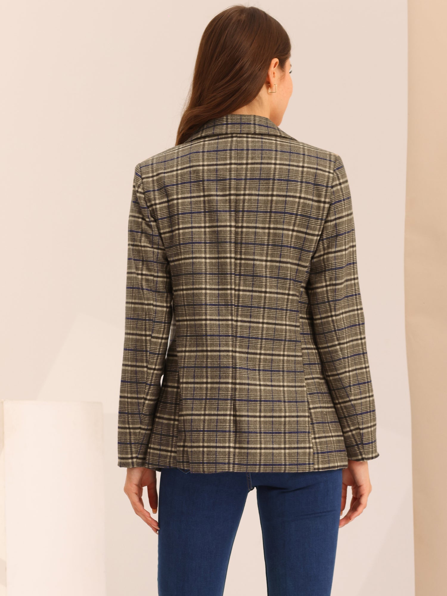 Plaid Notched Lapel One Button Houndstooth Blazer Jacket