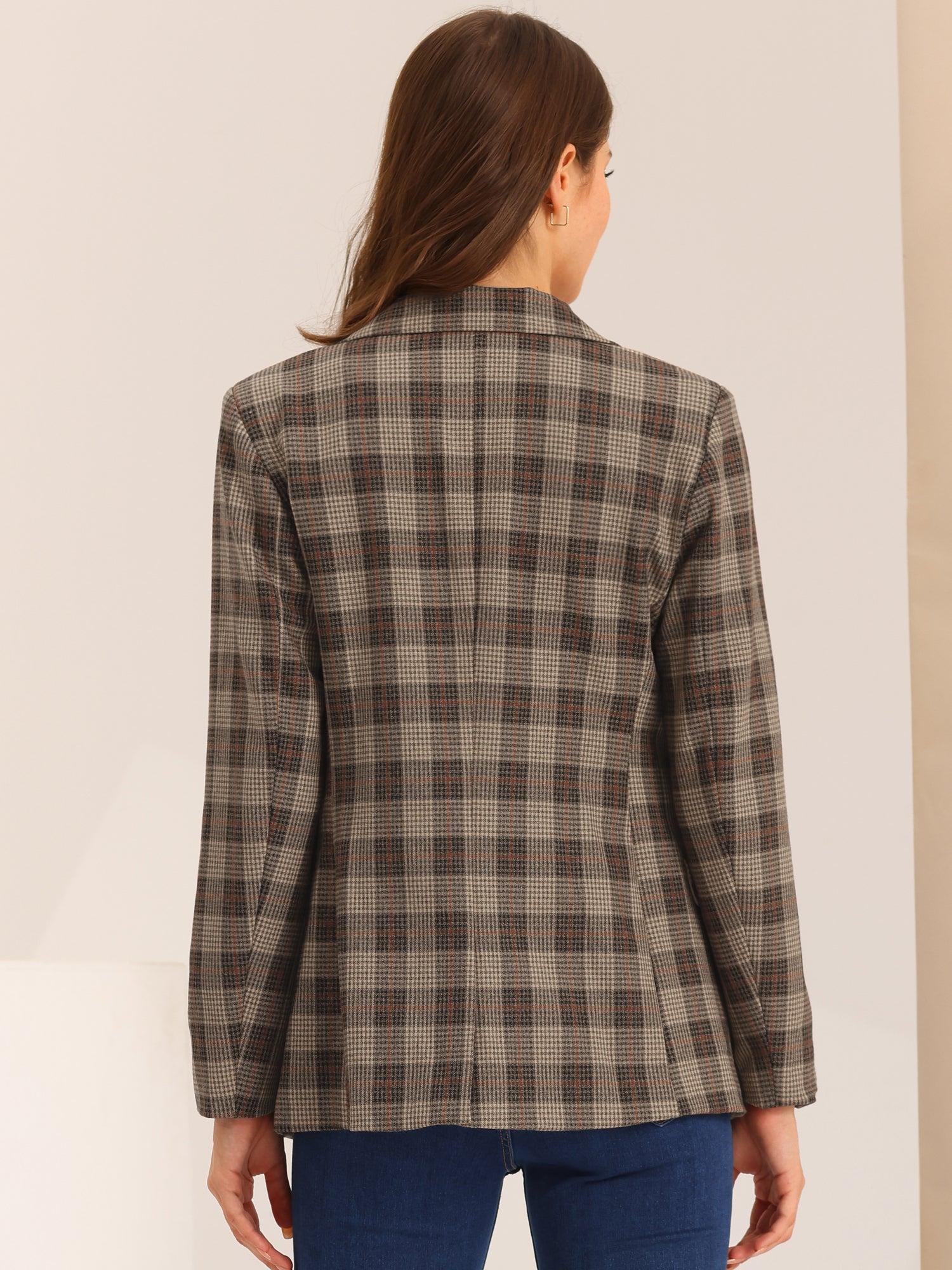 Plaid Notched Lapel One Button Houndstooth Blazer Jacket