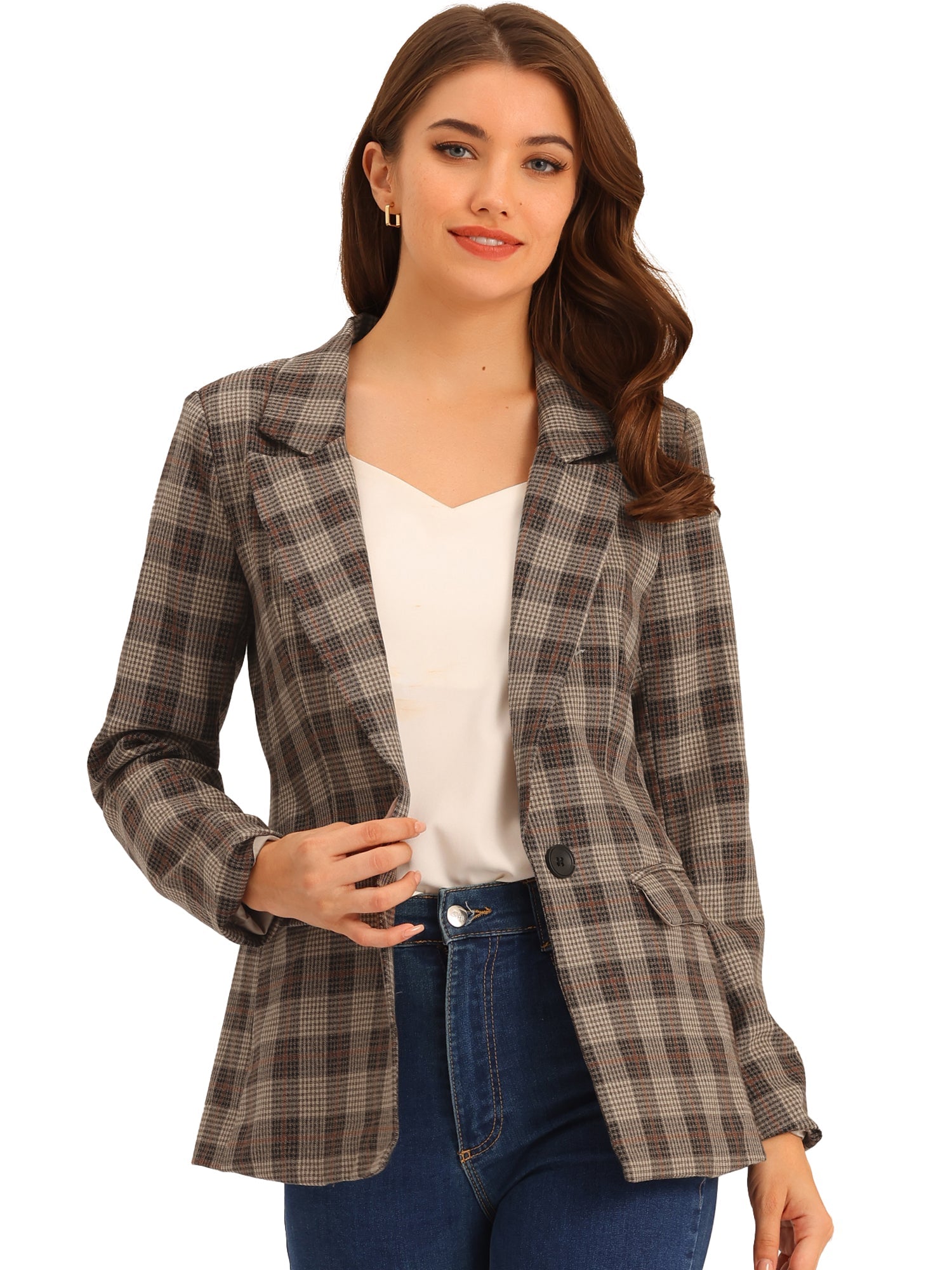 Plaid Notched Lapel One Button Houndstooth Blazer Jacket