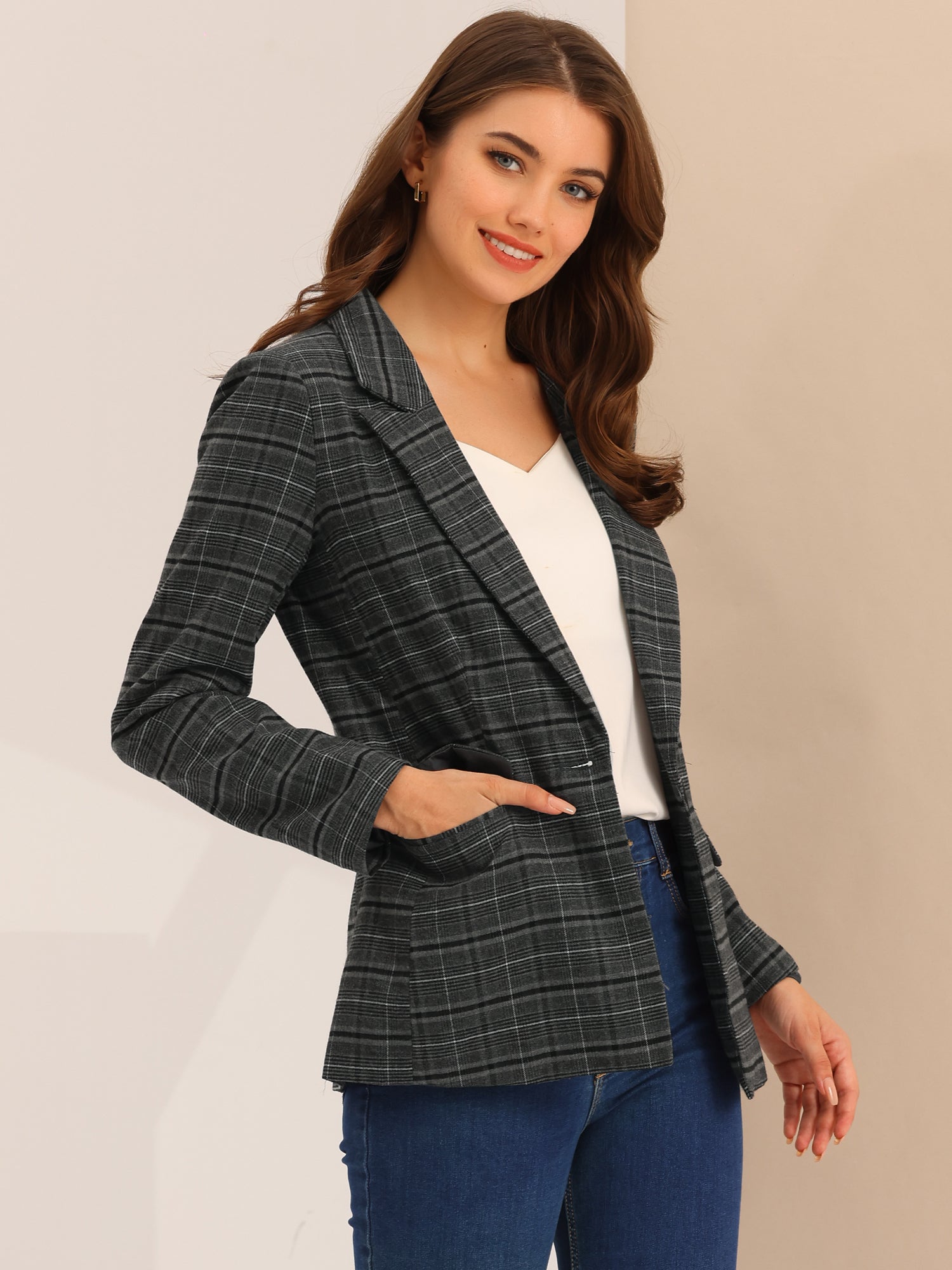 Plaid Notched Lapel One Button Houndstooth Blazer Jacket