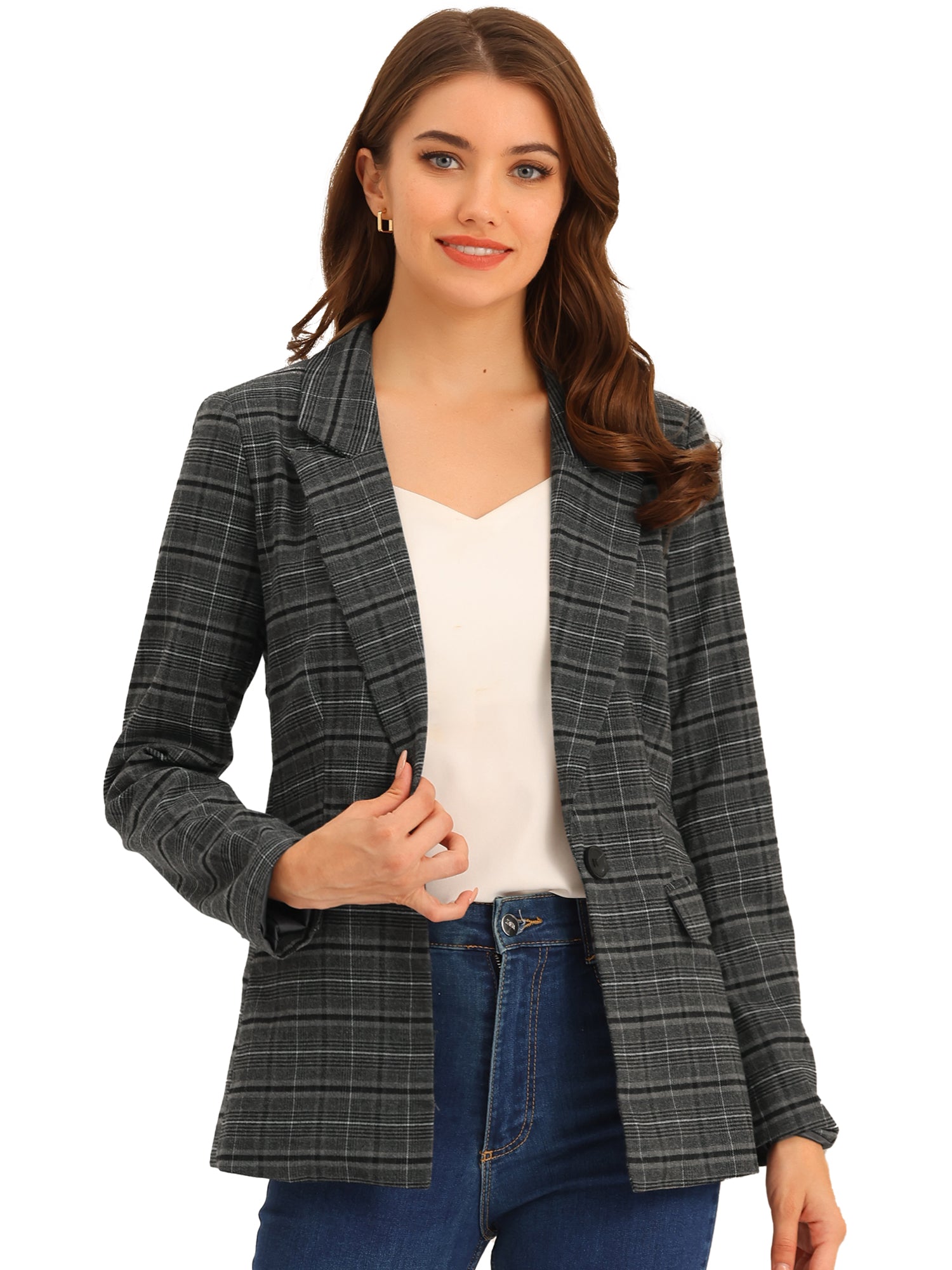 Plaid Notched Lapel One Button Houndstooth Blazer Jacket