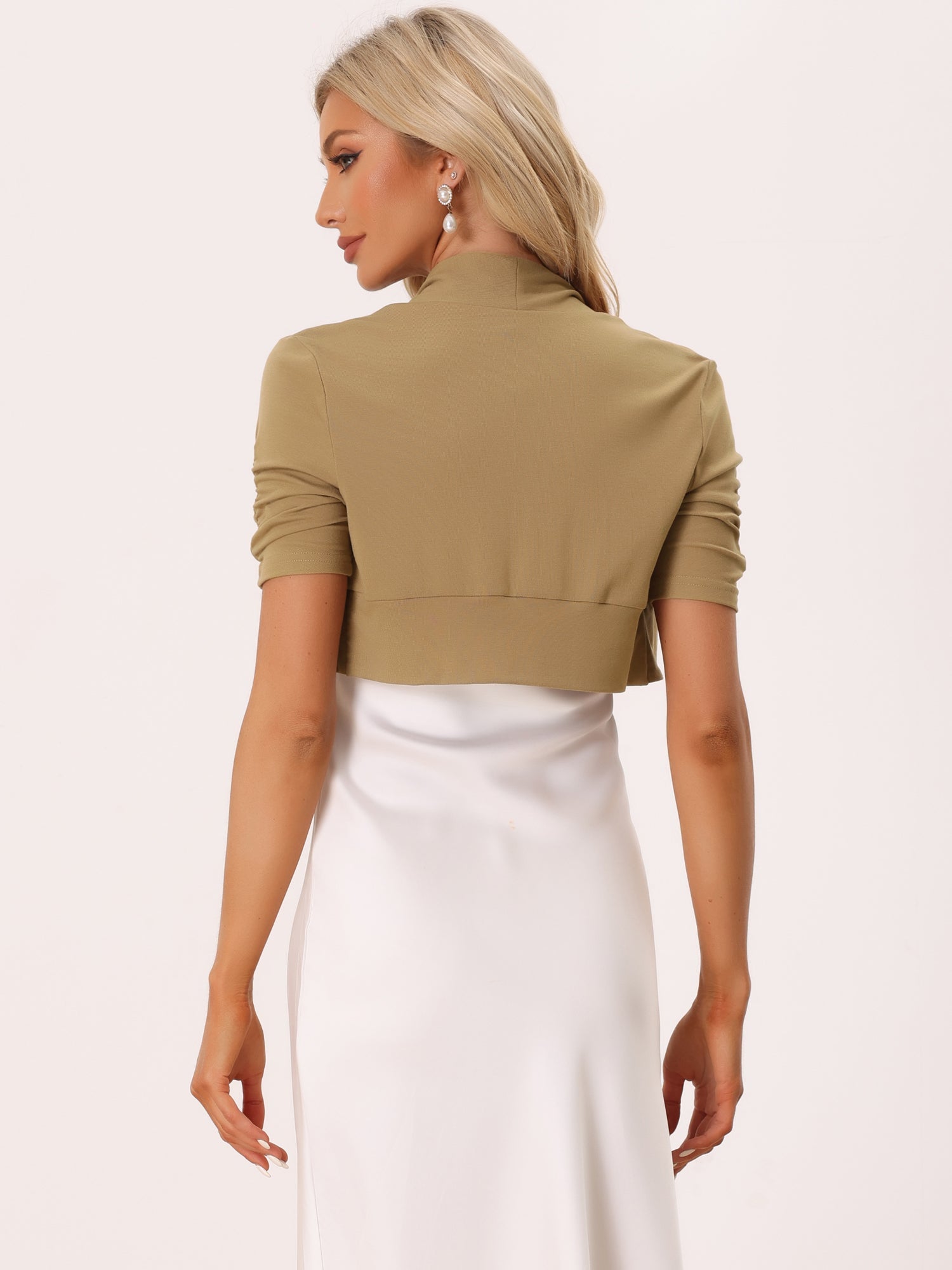 Short Ruched Sleeve Open Front Knit Cropped Bolero Shrugs
